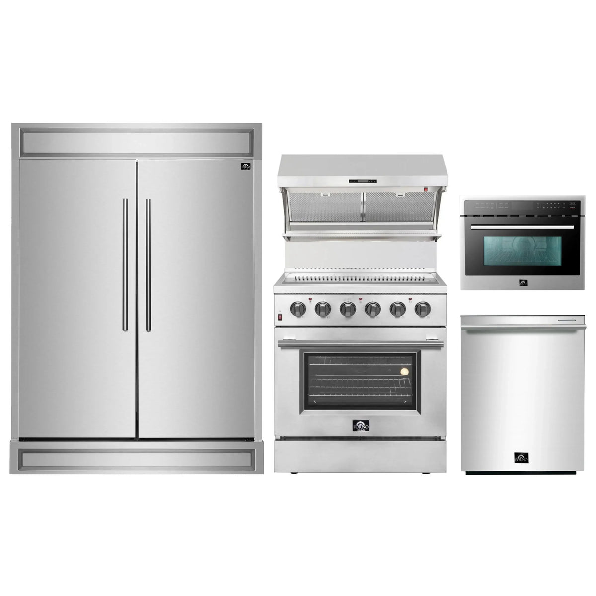Forno 5-Piece Appliance Package - 30-Inch Electric Range, Wall Mount Range Hood with Backsplash, Pro-Style Refrigerator, Dishwasher, and 24-Inch Microwave Oven in Stainless Steel