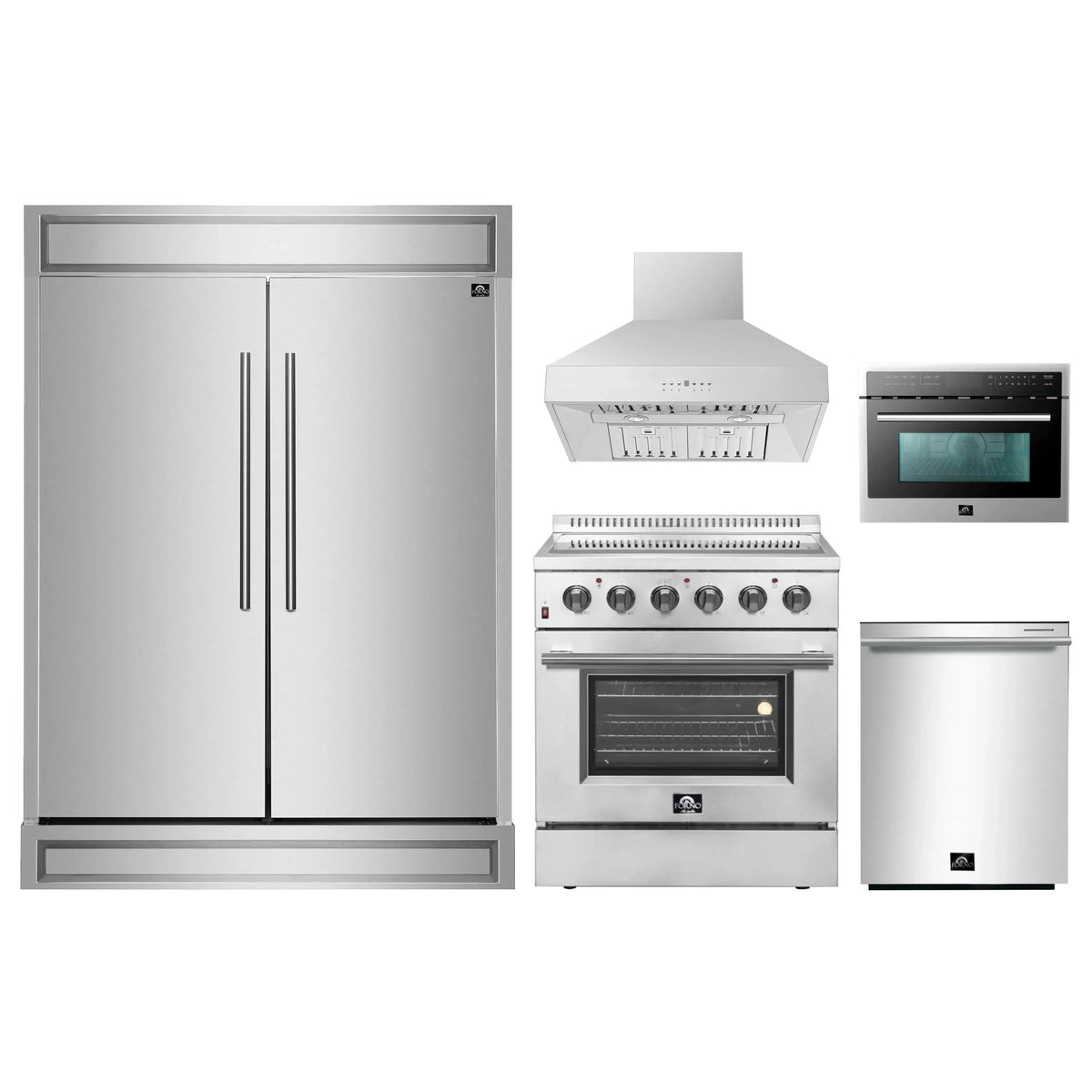 Forno 5-Piece Appliance Package - 30-Inch Electric Range, Wall Mount Range Hood, Pro-Style Refrigerator, Dishwasher, and 24-Inch Microwave Oven in Stainless Steel