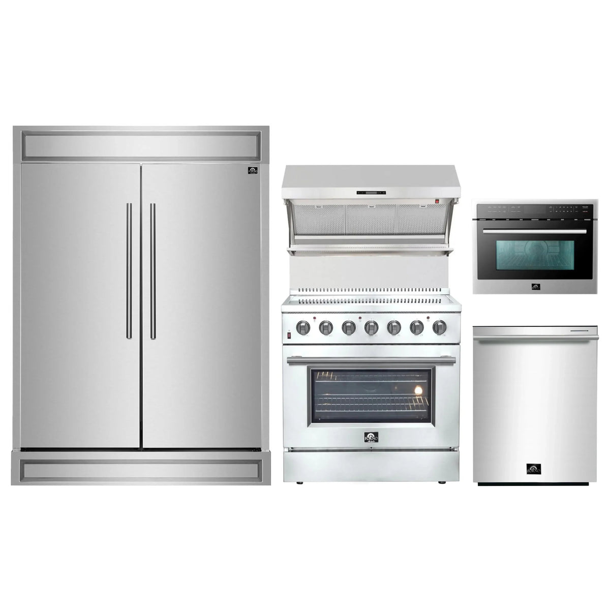 Forno 5-Piece Appliance Package - 36-Inch Electric Range, Wall Mount Range Hood with Backsplash, Pro-Style Refrigerator, Dishwasher, and 24-Inch Microwave Oven in Stainless Steel