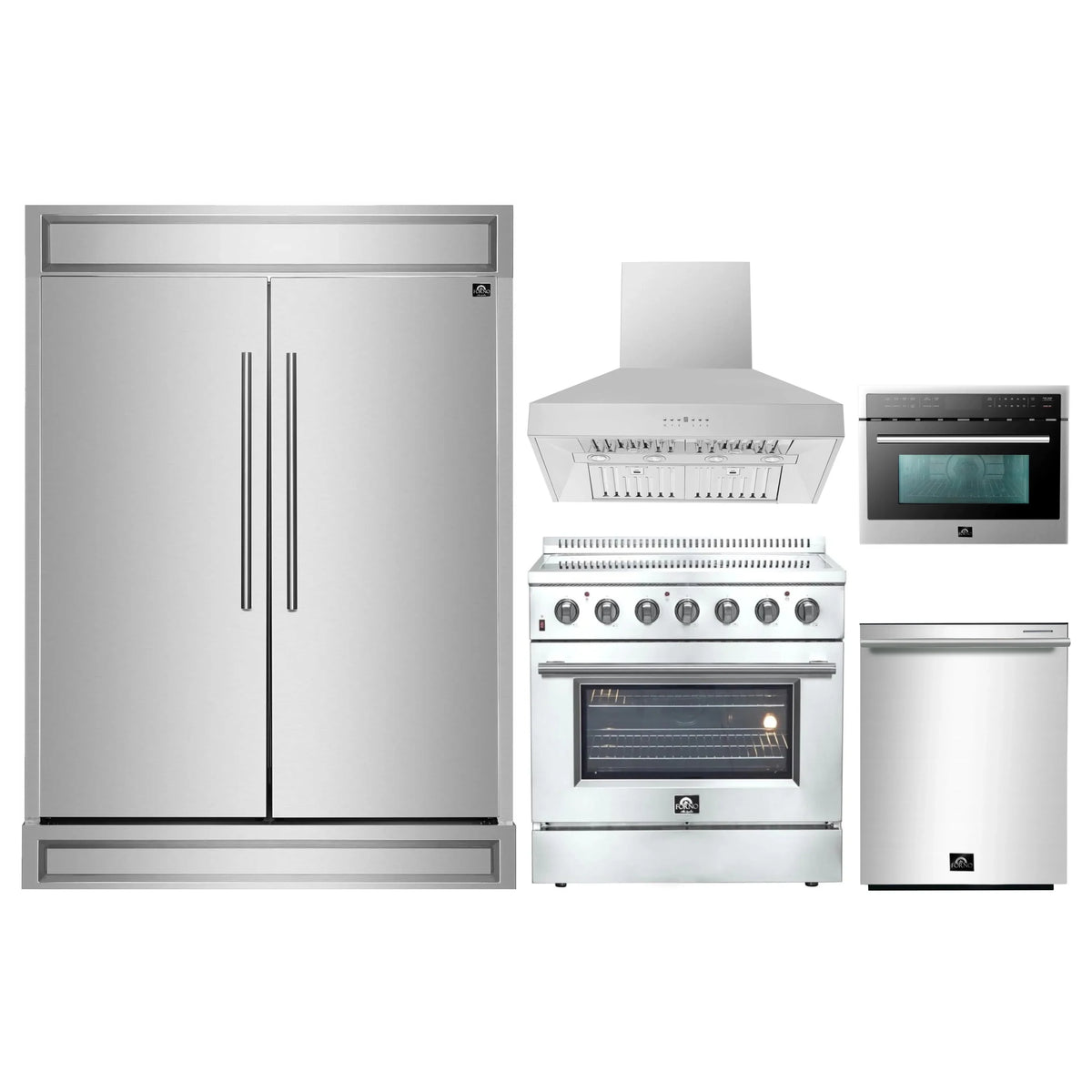 Forno 5-Piece Appliance Package - 36-Inch Electric Range, Wall Mount Range Hood, Pro-Style Refrigerator, Dishwasher, and 24-Inch Microwave Oven in Stainless Steel