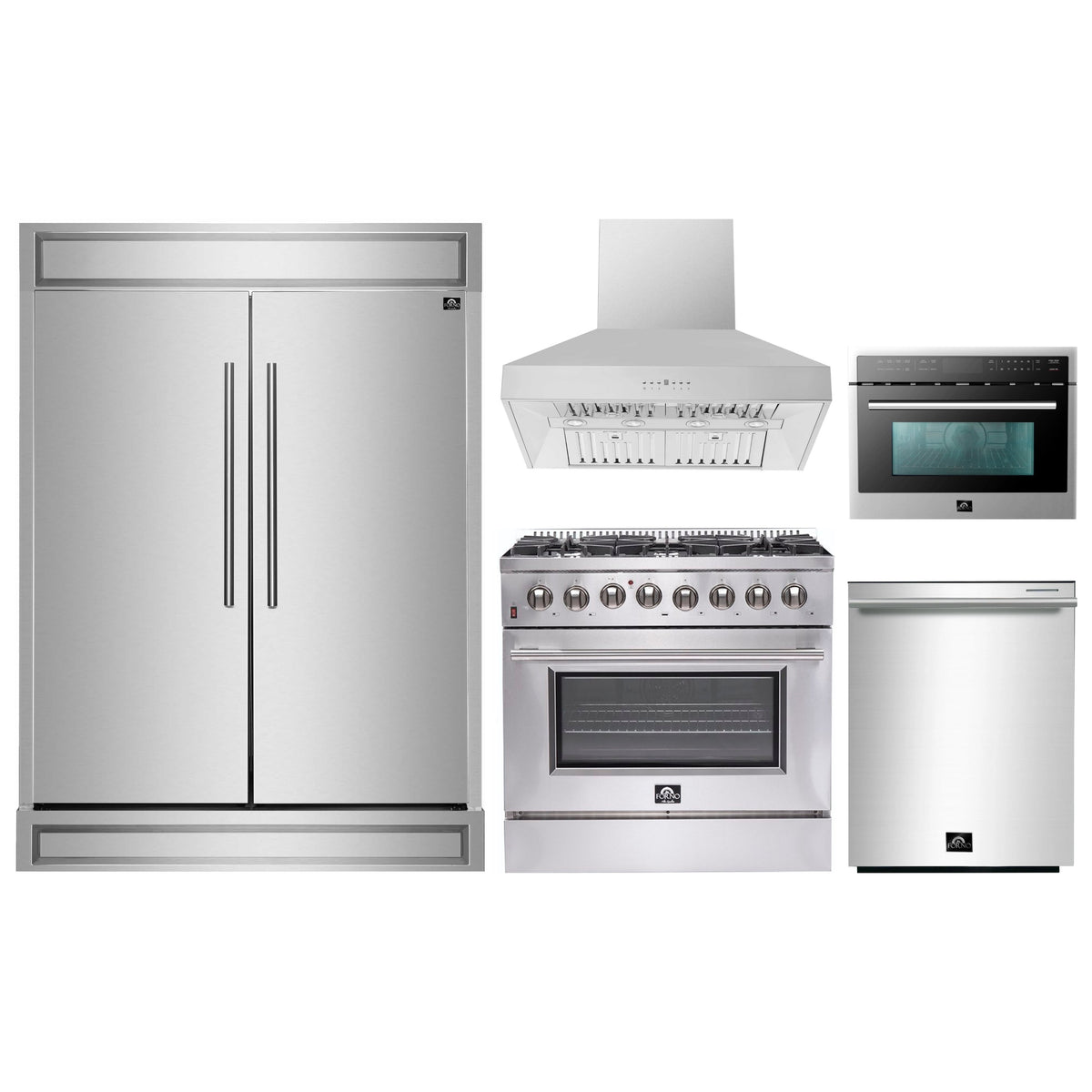 Forno 5-Piece Appliance Package - 36-Inch Dual Fuel Range, 60-Inch Pro-Style Refrigerator, Wall Mount Hood, 24-Inch Microwave Oven, & 3-Rack Dishwasher in Stainless Steel