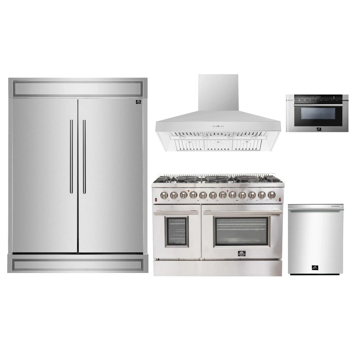 Forno 5-Piece Appliance Package - 48-Inch Dual Fuel Range, 60-Inch Pro-Style Refrigerator, Wall Mount Hood, 24-Inch Microwave Drawer, & 3-Rack Dishwasher in Stainless Steel