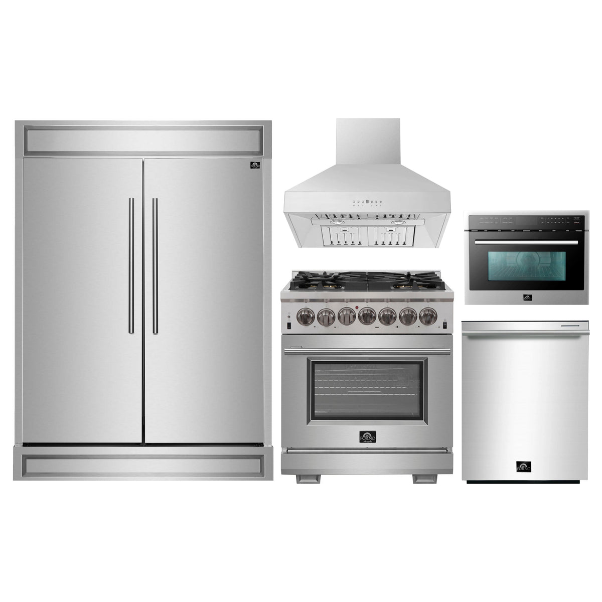 Forno 5-Piece Pro Appliance Package - 30-Inch Dual Fuel Range, 60-Inch Pro-Style Refrigerator, Wall Mount Hood, 24-Inch Microwave Oven, & 3-Rack Dishwasher in Stainless Steel