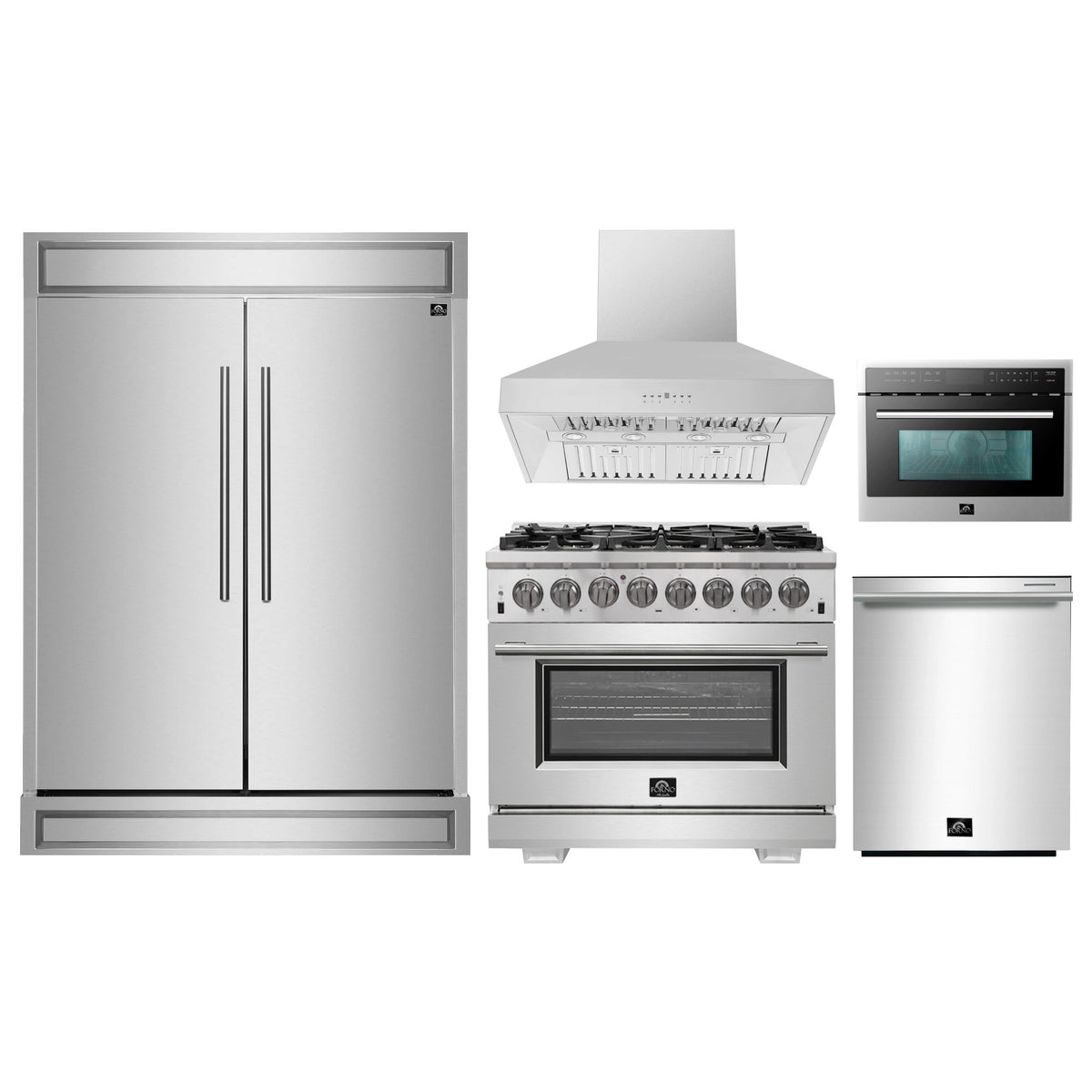 Forno 5-Piece Pro Appliance Package - 36-Inch Dual Fuel Range, 60-Inch Pro-Style Refrigerator, Wall Mount Hood, 24-Inch Microwave Oven, & 3-Rack Dishwasher in Stainless Steel