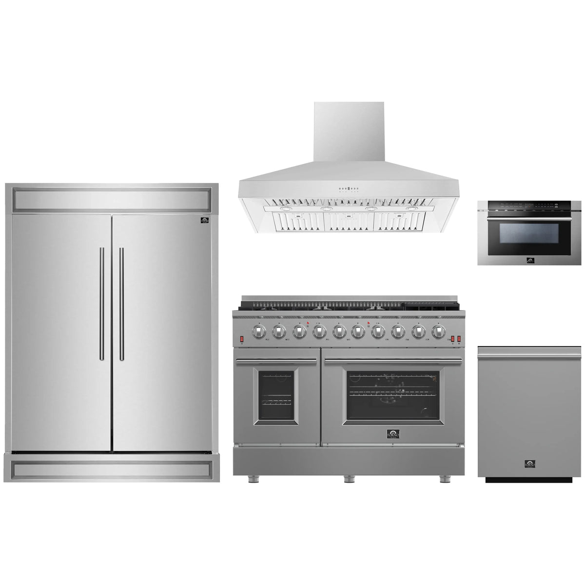 Forno 5-Piece Appliance Package - 48-Inch Gas Range, 60-Inch Pro-Style Refrigerator, Wall Mount Hood, 24-Inch Microwave Drawer, & 3-Rack Dishwasher in Stainless Steel