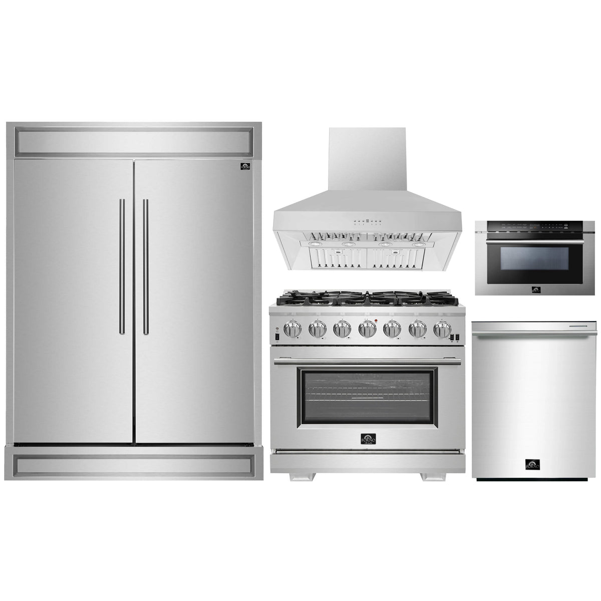 Forno 5-Piece Pro Appliance Package - 36-Inch Gas Range, 60-Inch Pro-Style Refrigerator, Wall Mount Hood, 24-Inch Microwave Drawer, & 3-Rack Dishwasher in Stainless Steel