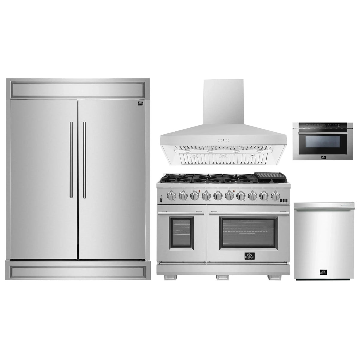 Forno 5-Piece Pro Appliance Package - 48-Inch Gas Range, 60-Inch Pro-Style Refrigerator, Wall Mount Hood, 24-Inch Microwave Drawer, & 3-Rack Dishwasher in Stainless Steel