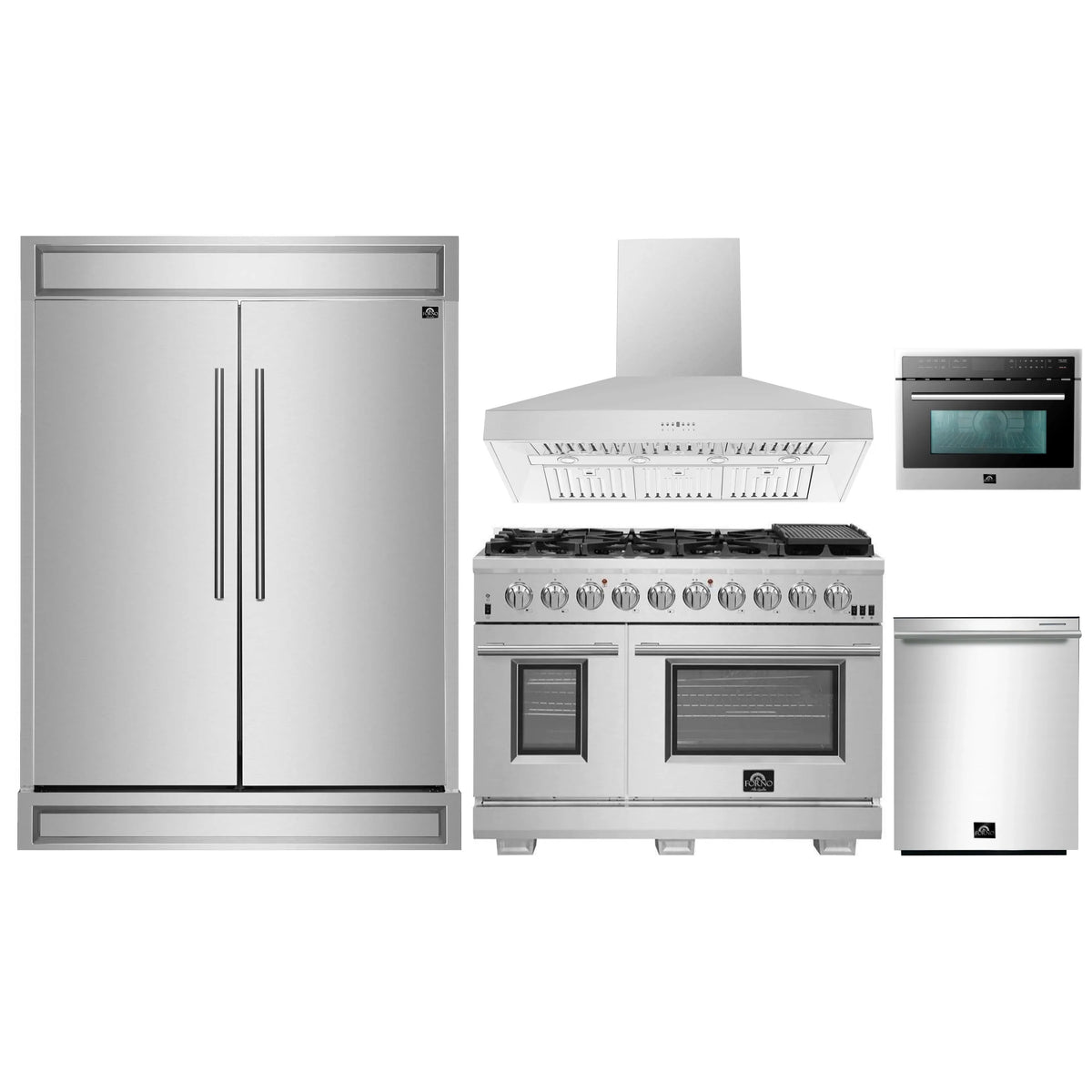 Forno 5-Piece Pro Appliance Package - 48-Inch Gas Range, 60-Inch Pro-Style Refrigerator, Wall Mount Hood, 24-Inch Microwave Oven, & 3-Rack Dishwasher in Stainless Steel