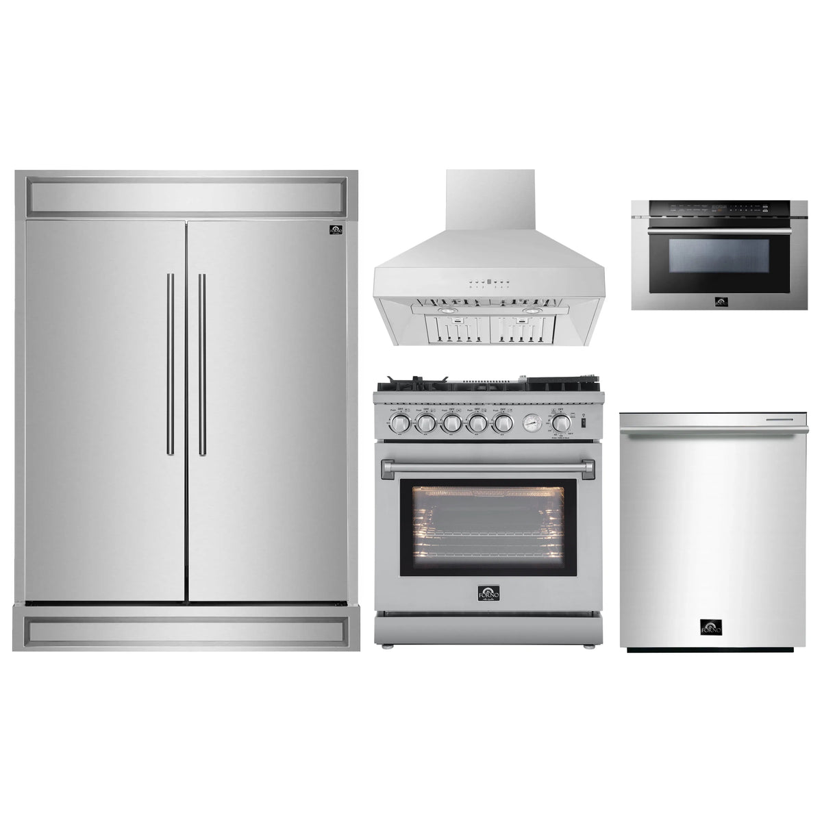 Forno 5-Piece Appliance Package - 30-Inch Gas Range with Air Fryer, 60-Inch Pro-Style Refrigerator, Wall Mount Hood, 24-Inch Microwave Drawer, & 3-Rack Dishwasher in Stainless Steel