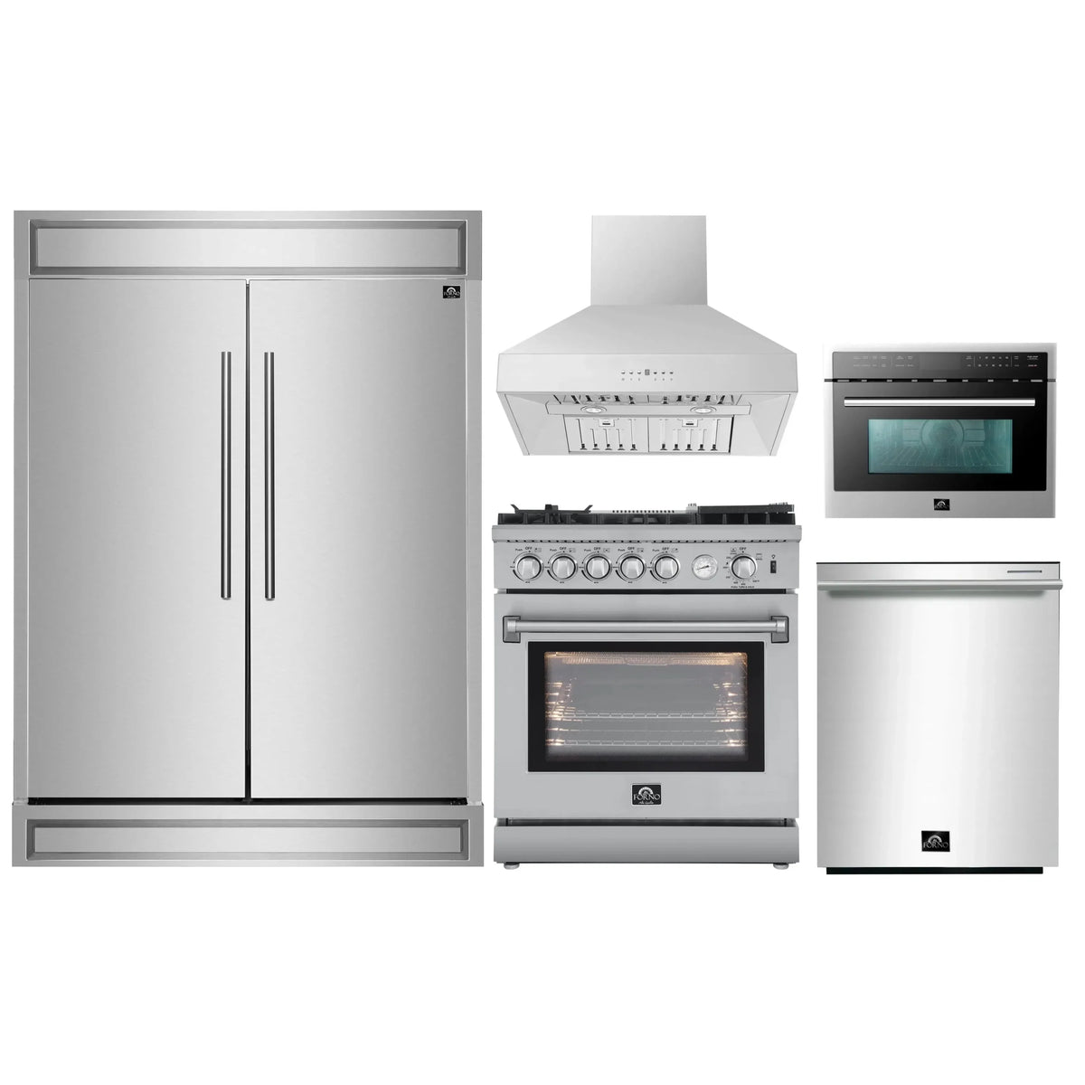 Forno 5-Piece Appliance Package - 30-Inch Gas Range with Air Fryer, 60-Inch Pro-Style Refrigerator, Wall Mount Hood, 24-Inch Microwave Oven, & 3-Rack Dishwasher in Stainless Steel
