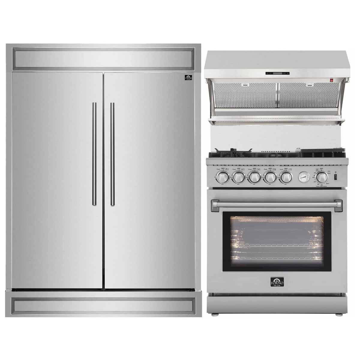 Forno 3-Piece Appliance Package - 30-Inch Gas Range with Air Fryer, 60-Inch Pro-Style Refrigerator & Wall Mount Hood with Backsplash in Stainless Steel