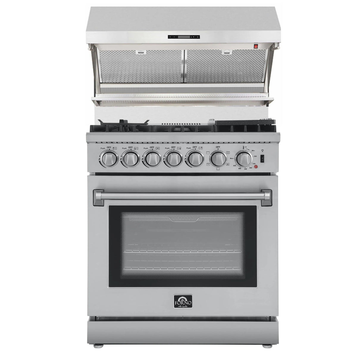 Forno 2-Piece Appliance Package - 30-Inch Dual Fuel Range with Air Fryer & Wall Mount Hood with Backsplash in Stainless Steel