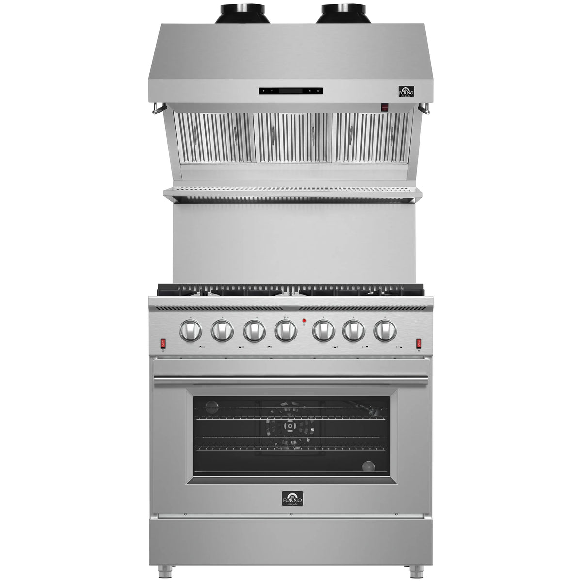 Forno 2-Piece Appliance Package - 36-Inch Gas Range & Wall Mount Hood with Backsplash in Stainless Steel