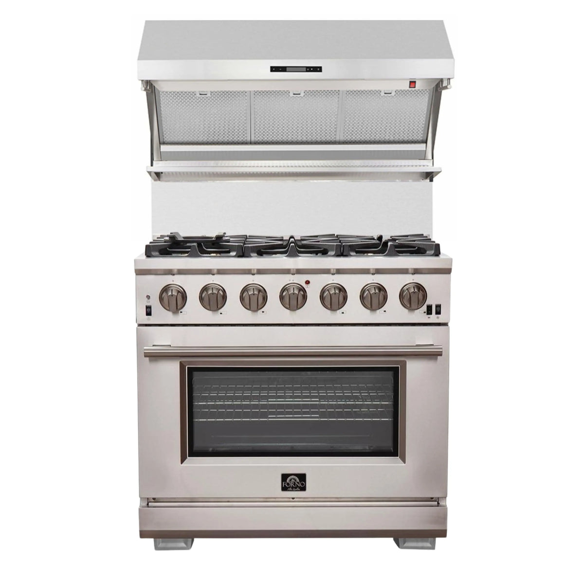 Forno 2-Piece Pro Appliance Package - 36-Inch Gas Range & Wall Mount Hood with Backsplash in Stainless Steel