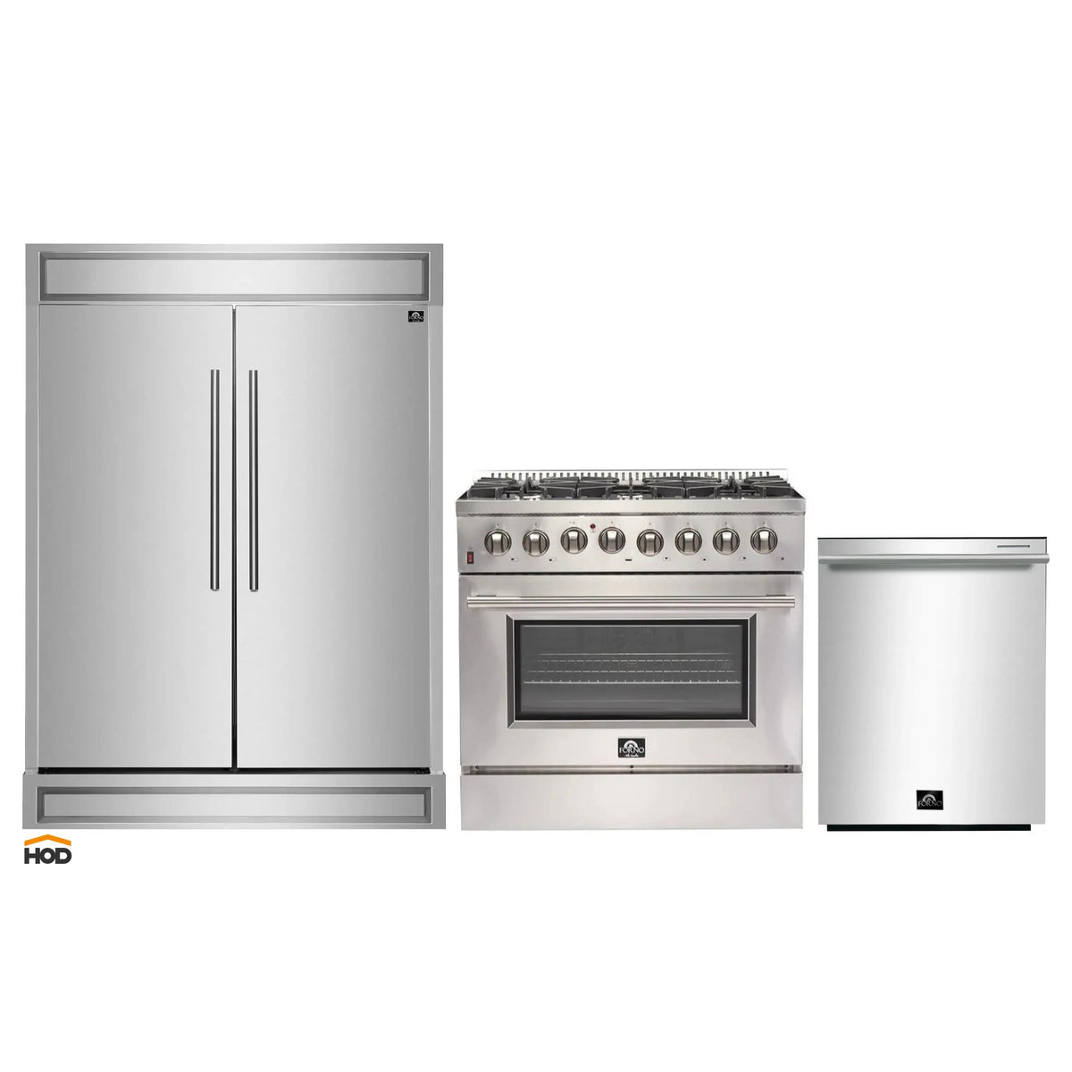 Forno 3-Piece Appliance Package - 36-Inch Dual Fuel Range, 60-Inch Refrigerator, and Dishwasher in Stainless Steel