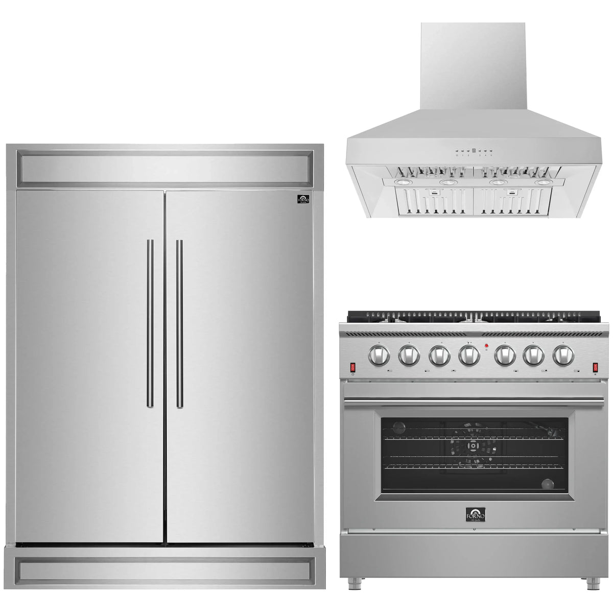 Forno 3-Piece Appliance Package - 36-Inch Gas Range, Refrigerator, & Wall Mount Hood in Stainless Steel