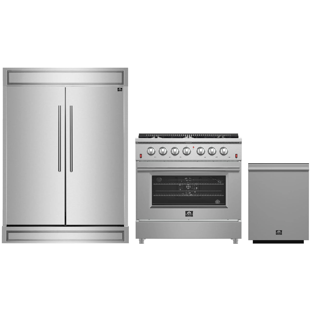 Forno 3-Piece Appliance Package - 36-Inch Gas Range, 60-Inch Refrigerator, and Dishwasher in Stainless Steel