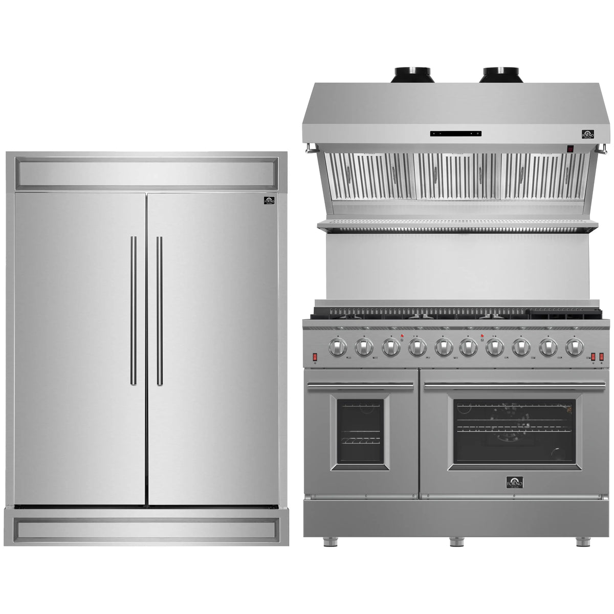 Forno 3-Piece Appliance Package - 48-Inch Gas Range, Refrigerator, & Wall Mount Hood with Backsplash in Stainless Steel