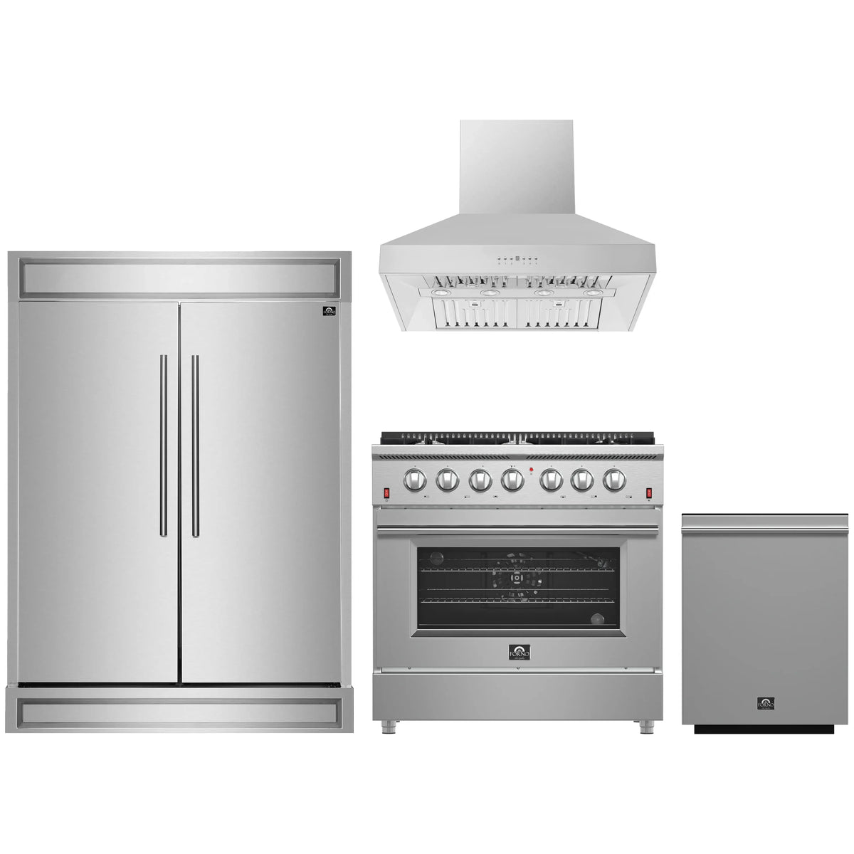 Forno 4-Piece Appliance Package - 36-Inch Gas Range, Refrigerator, Wall Mount Hood, & 3-Rack Dishwasher in Stainless Steel