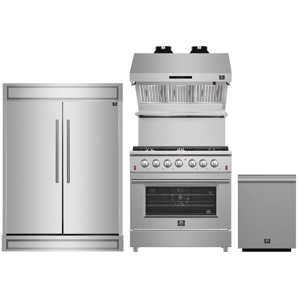 Forno 4-Piece Appliance Package - 36-Inch Gas Range, 60-Inch Refrigerator, Wall Mount Hood with Backsplash, & 3-Rack Dishwasher in Stainless Steel