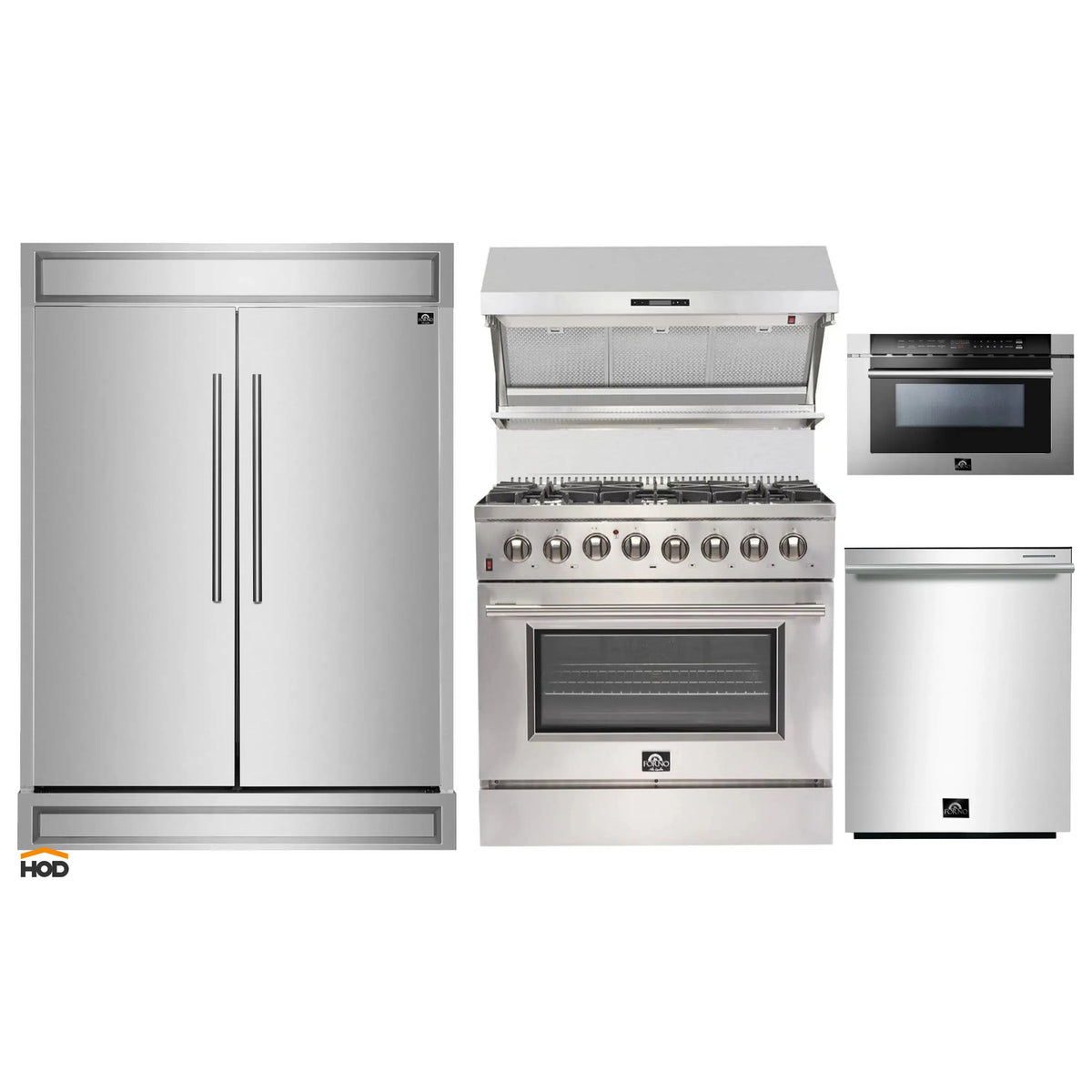 Forno 5-Piece Appliance Package - 36-Inch Dual Fuel Range, 60-Inch  Refrigerator, Wall Mount Hood with Backsplash, 24-Inch Microwave Drawer, & 3-Rack Dishwasher in Stainless Steel