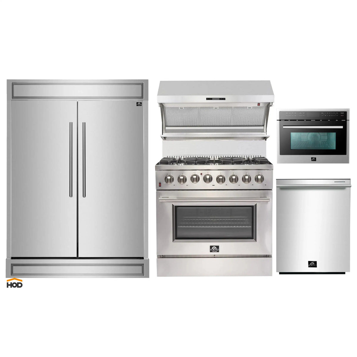 Forno 5-Piece Appliance Package - 36-Inch Dual Fuel Range, 60-Inch Refrigerator, Wall Mount Hood with Backsplash, 24-Inch Microwave Oven, & 3-Rack Dishwasher in Stainless Steel