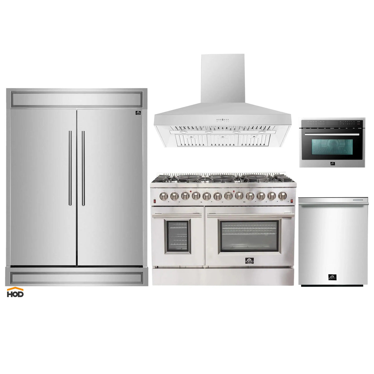 Forno 5-Piece Appliance Package - 48-Inch Dual Fuel Range, 60-Inch Refrigerator, Wall Mount Hood, 24-Inch Microwave Oven, & Dishwasher in Stainless Steel