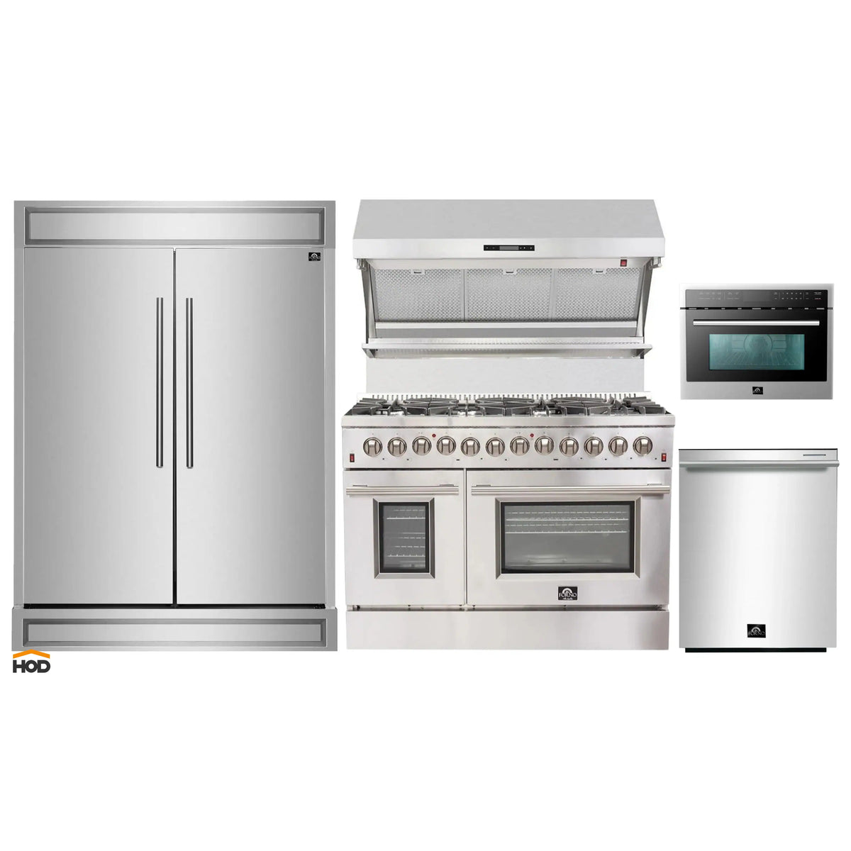 Forno 5-Piece Appliance Package - 48-Inch Dual Fuel Range, 60-Inch Refrigerator, Wall Mount Hood with Backsplash, 24-Inch Microwave Oven, & 3-Rack Dishwasher in Stainless Steel