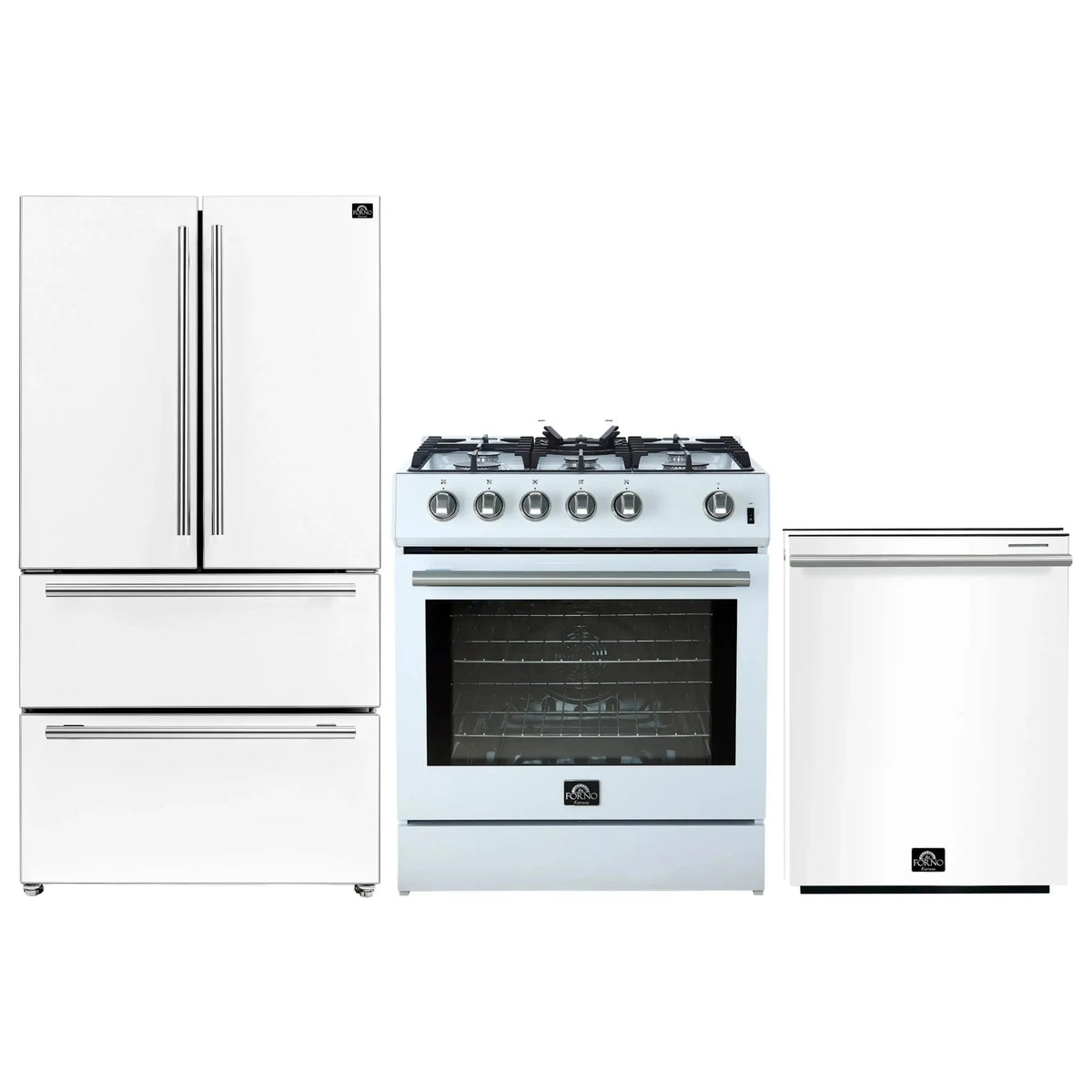 Forno 3-Piece Appliance Package - 30-Inch Gas Range, Refrigerator, and Dishwasher in White with Stainless Steel Trim