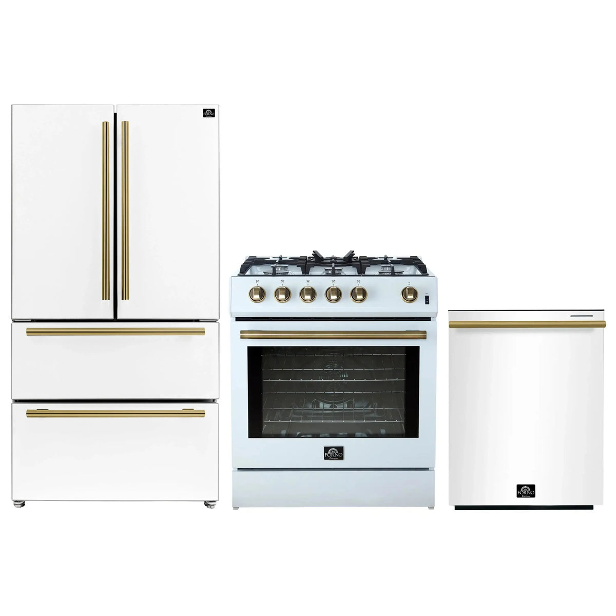 Forno 3-Piece Appliance Package - 30-Inch Gas Range, Refrigerator, and Dishwasher in White with Antique Brass Trim