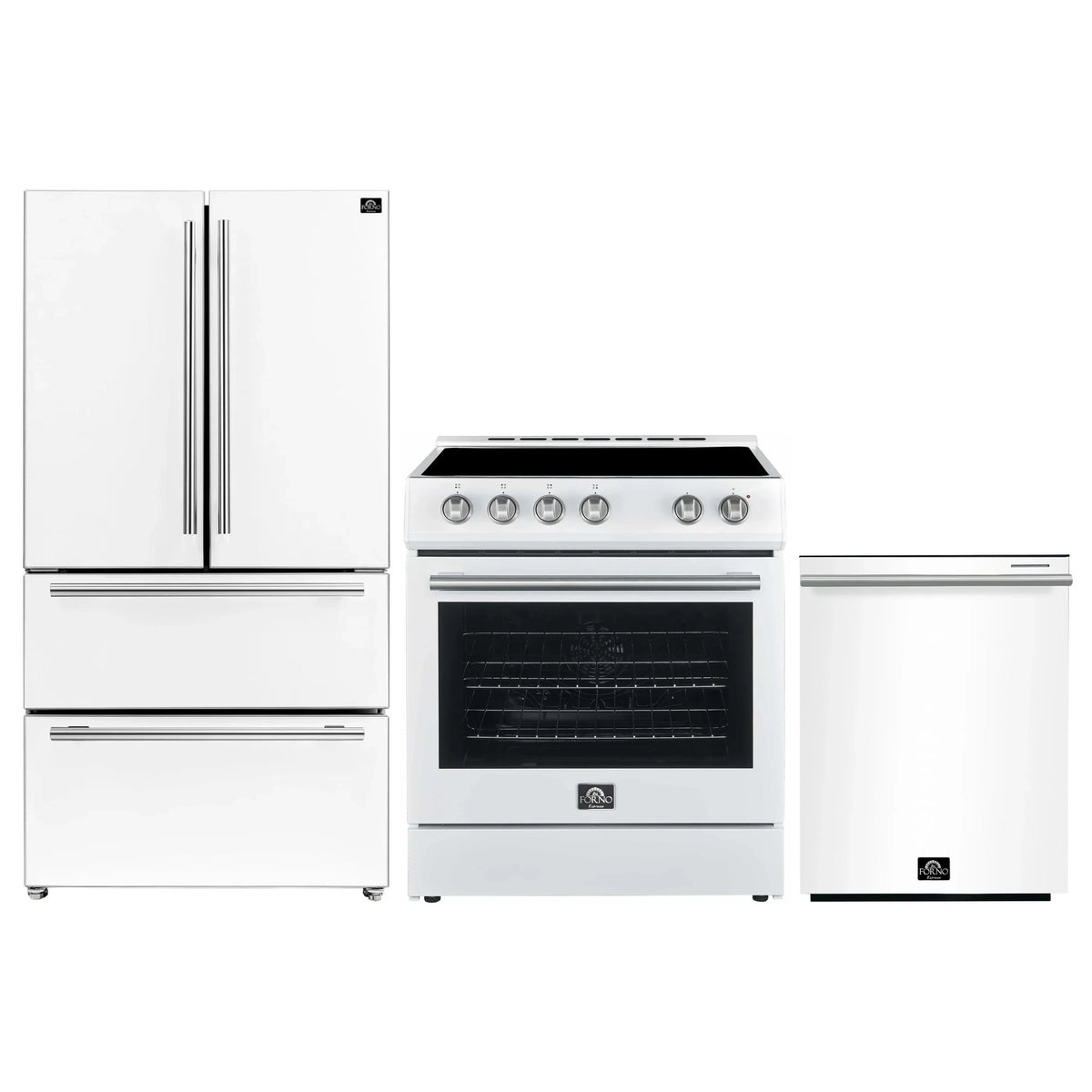 Forno Espresso 3-Piece Appliance Package - 30-Inch Electric Range, Refrigerator and Dishwasher in White with Antique Brass Trim
