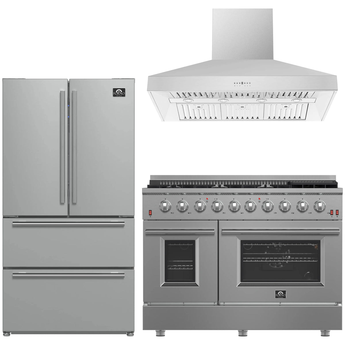 Forno 3-Piece Appliance Package - 48-Inch Gas Range, Refrigerator, & Wall Mount Hood in Stainless Steel
