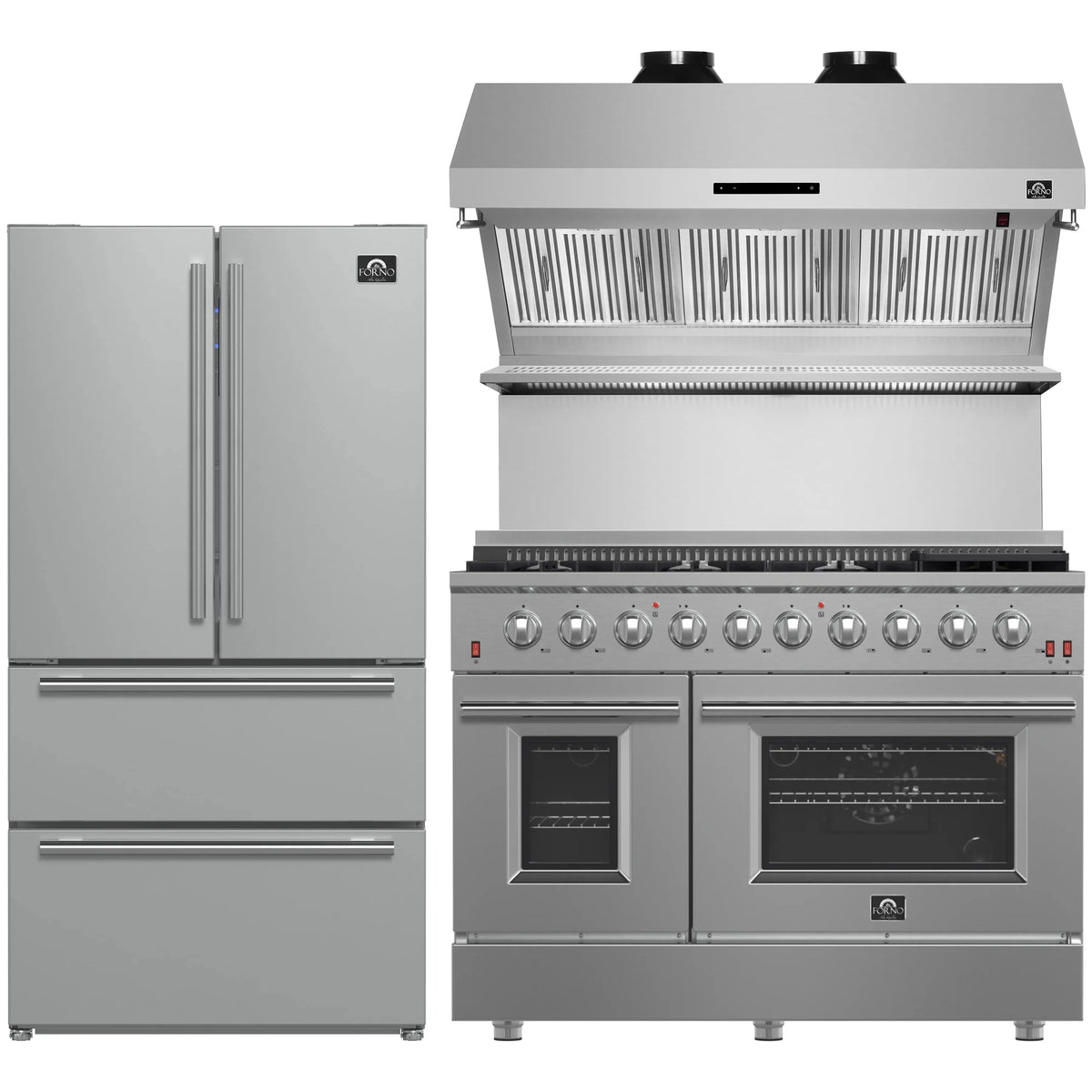 Forno 3-Piece Appliance Package- 48-Inch Gas Range, Refrigerator, & Wall Mount Hood with Backsplash in Stainless Steel
