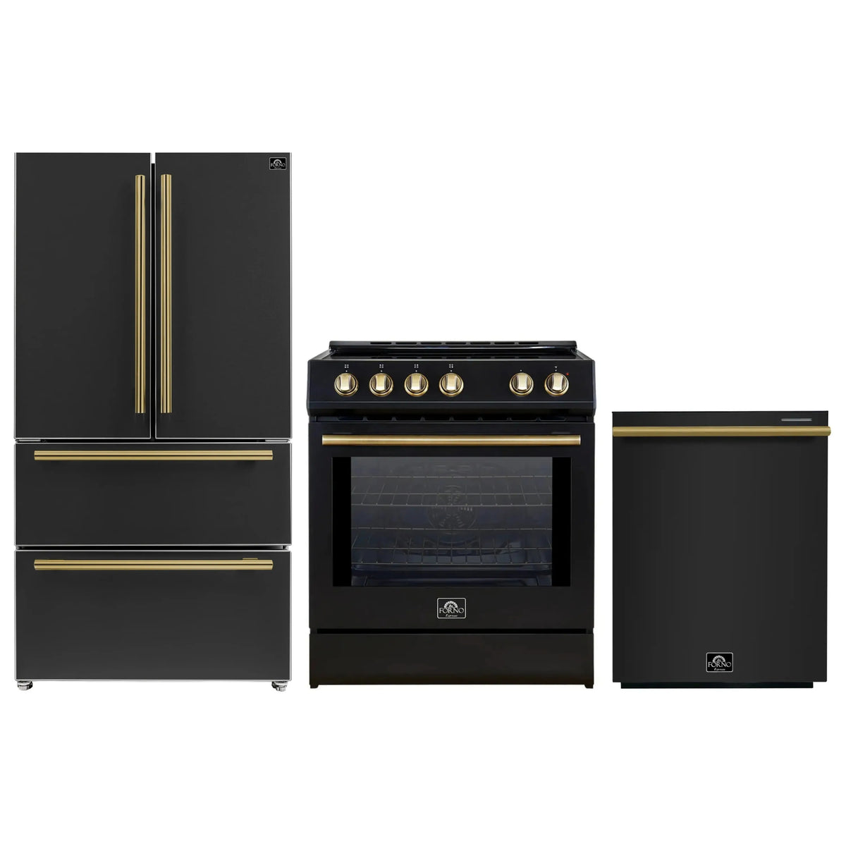 Forno 3-Piece Appliance Package - 30-Inch Induction Range, French Door Refrigerator, and Dishwasher in Black with Antique Brass Trim