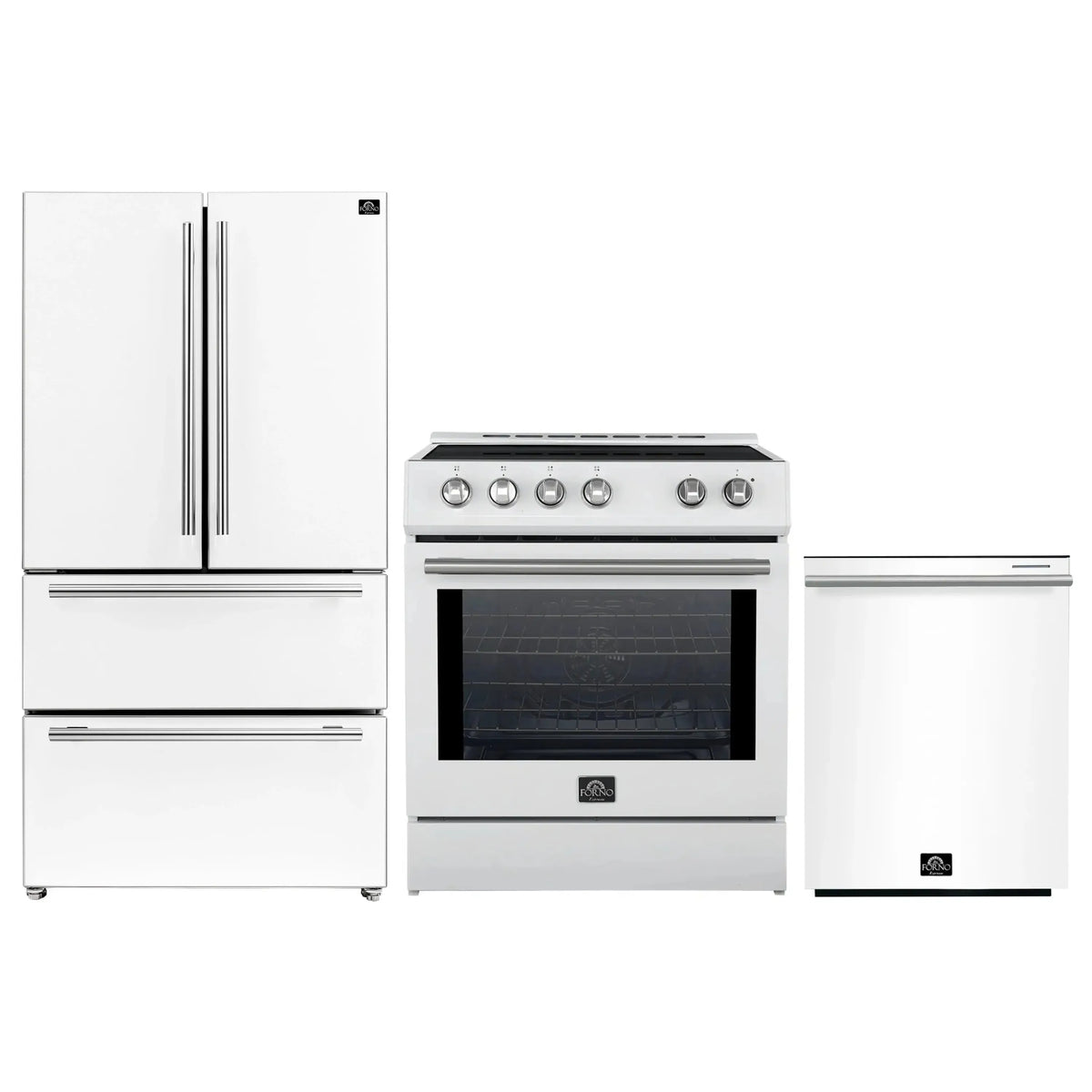 Forno 3-Piece Appliance Package - 30-Inch Induction Range, French Door Refrigerator, and Dishwasher in White with Stainless Steel Trim