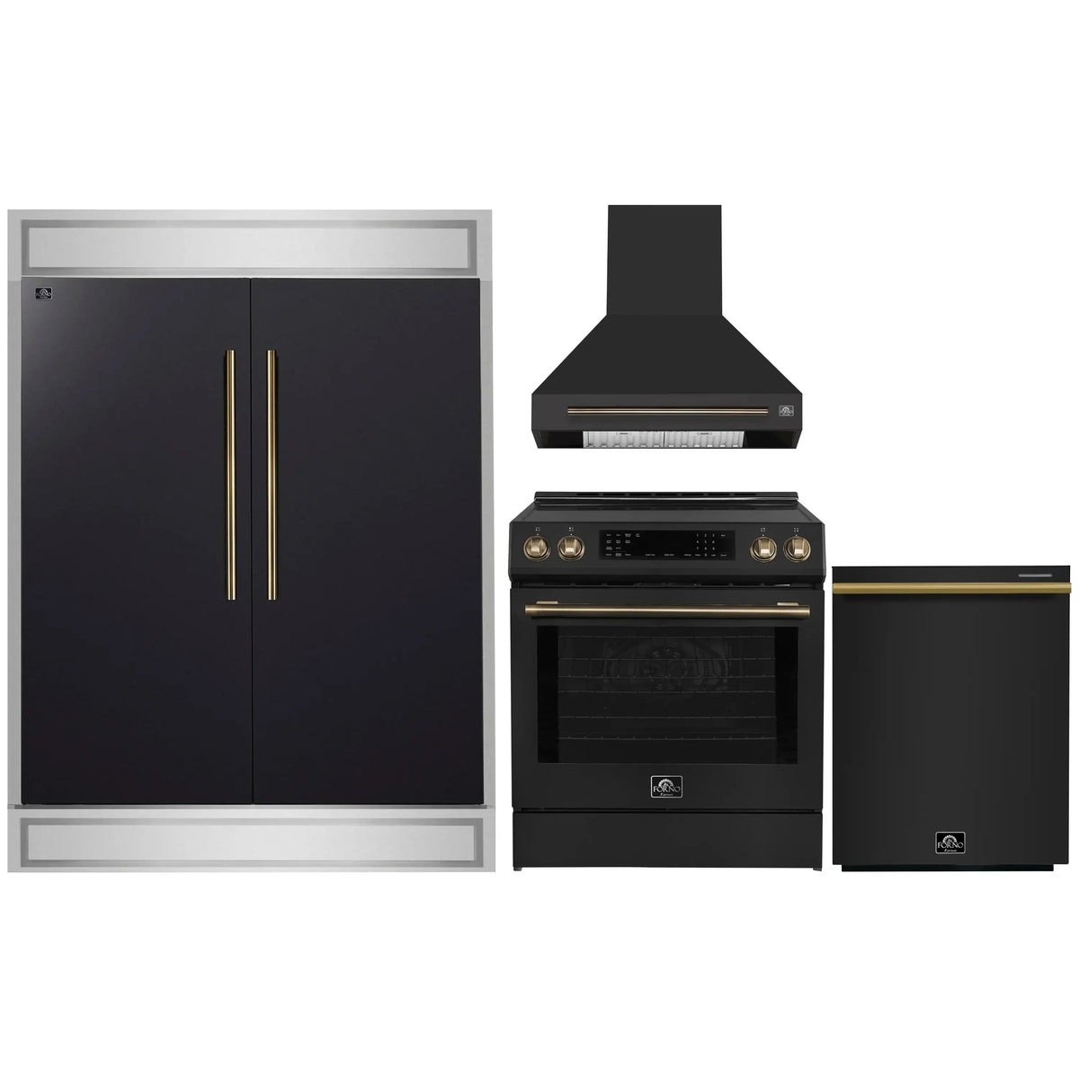 Forno 4-Piece Appliance Package - 30-Inch Espresso Induction Range , Wall Mount Range Hood, 60-Inch Built-In Convertible Refrigerator, and Dishwasher in Black with Antique Brass Trim