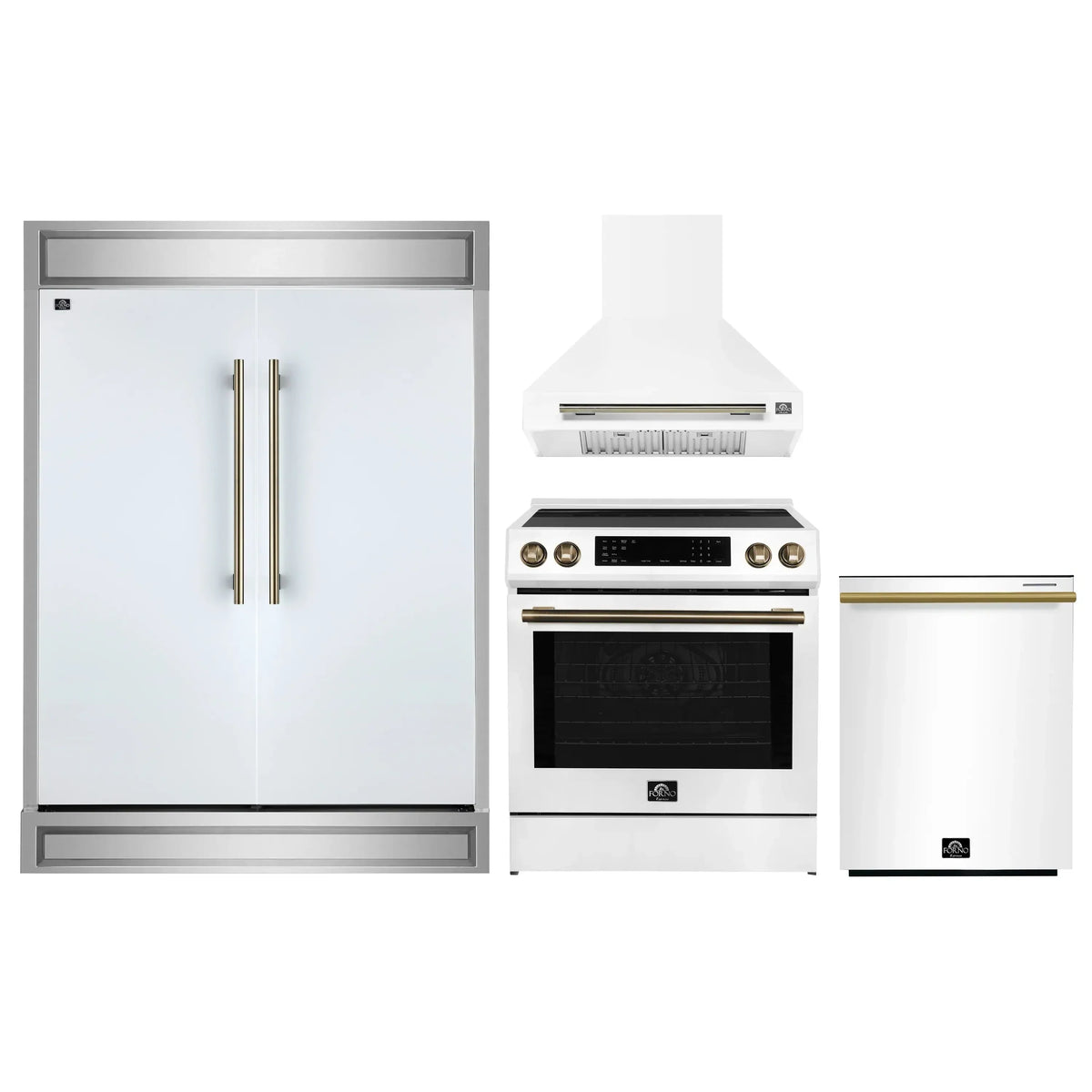 Forno 4-Piece Appliance Package - 30-Inch Espresso Induction Range , Wall Mount Range Hood, 60-Inch Built-In Convertible Refrigerator, and Dishwasher in White with Antique Brass Trim