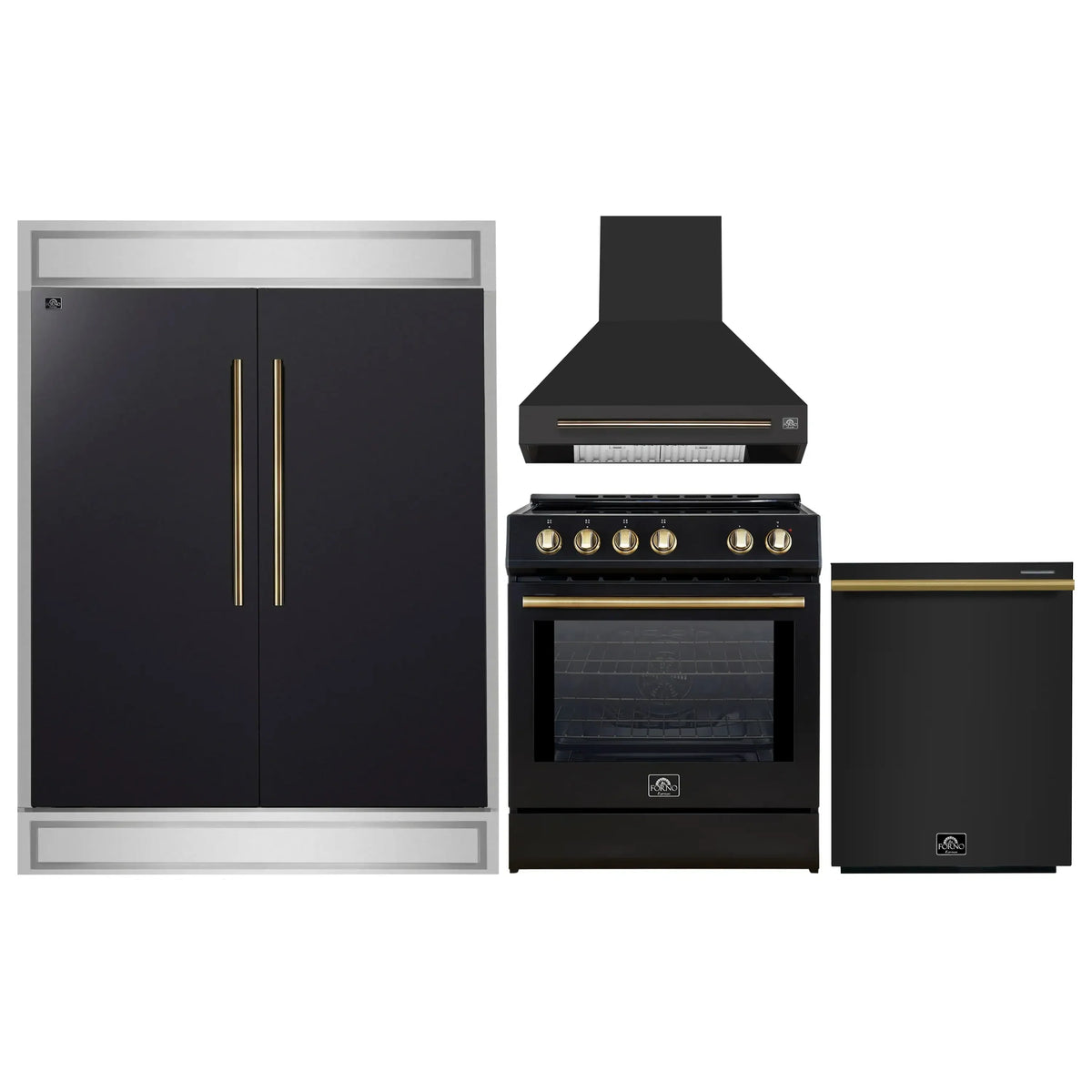 Forno 4-Piece Appliance Package - 30-Inch Espresso Induction Range , Wall Mount Range Hood, 60-Inch Built-In Convertible Refrigerator, and Dishwasher in Black with Antique Brass Trim