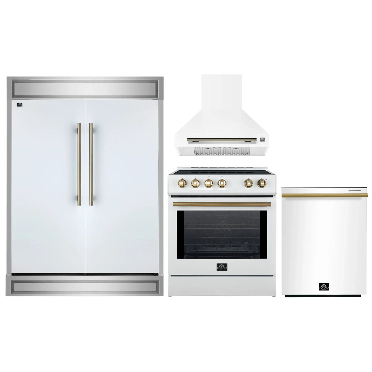 Forno 4-Piece Appliance Package - 30-Inch Espresso Induction Range , Wall Mount Range Hood, 60-Inch Built-In Convertible Refrigerator, and Dishwasher in White with Antique Brass Trim