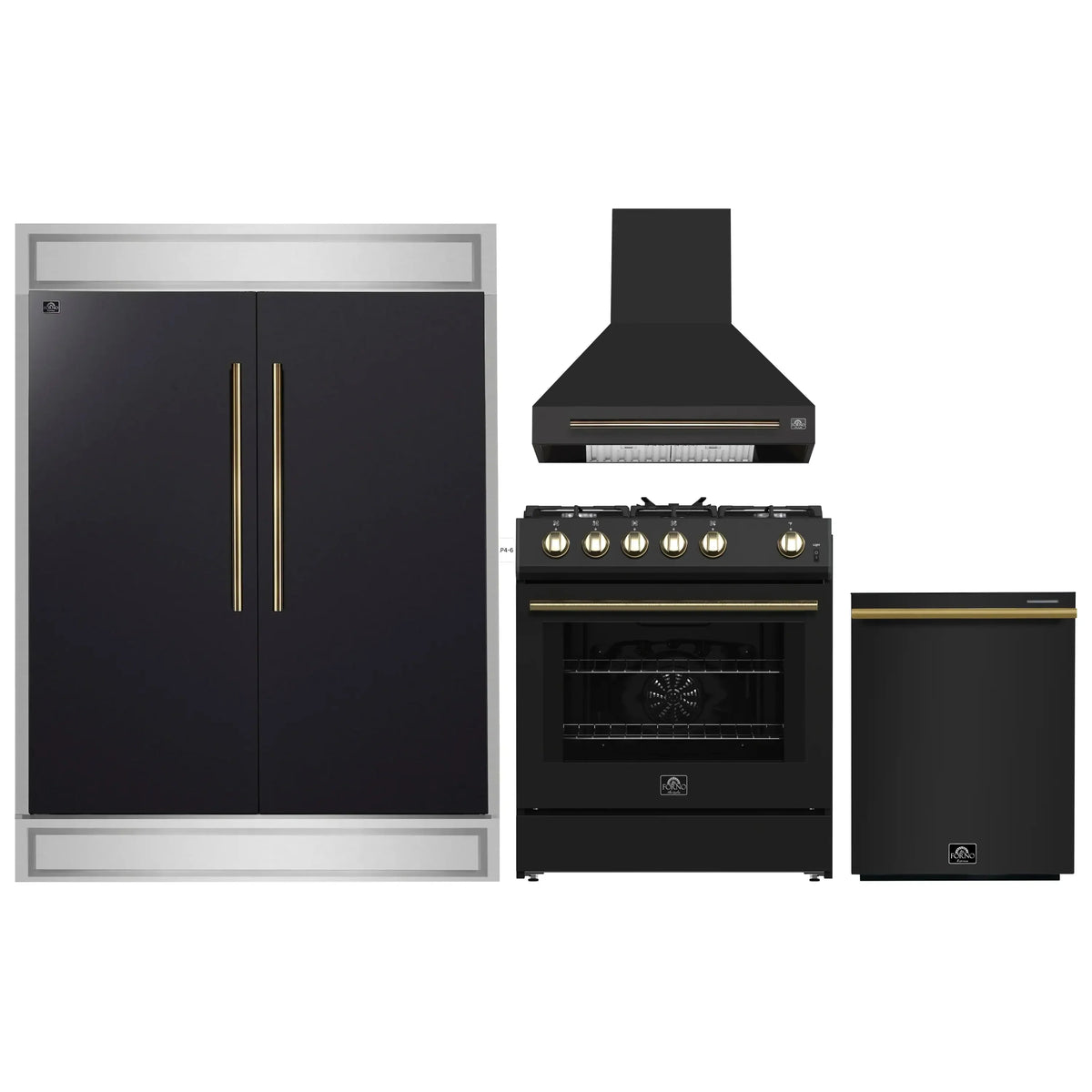 Forno 4-Piece Appliance Package - 30-Inch Espresso Gas Range , Wall Mount Range Hood, 60-Inch Built-In Convertible Refrigerator, and Dishwasher in Black with Antique Brass Trim