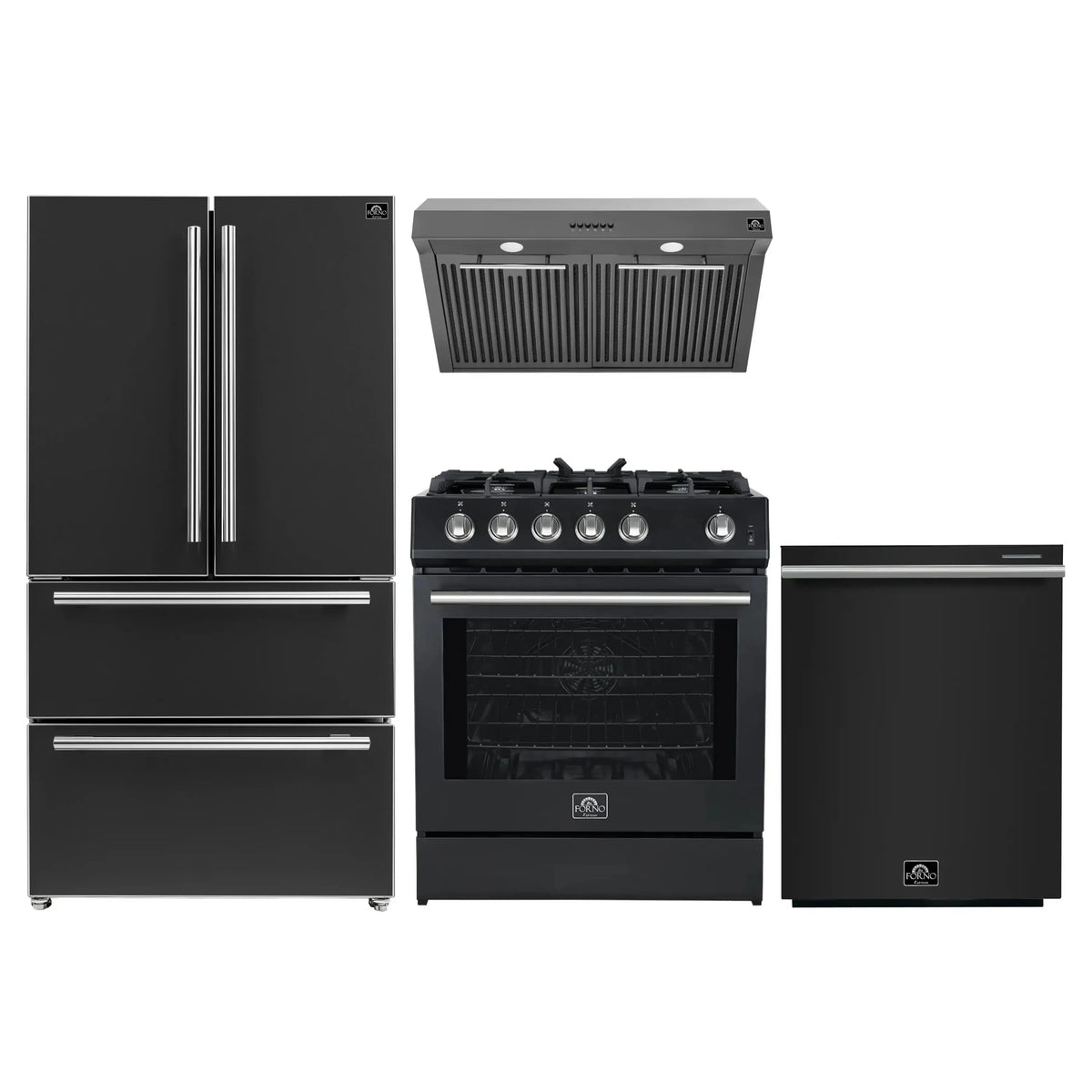 Forno 4-Piece Appliance Package - 30-Inch Gas Range, Under Cabinet Range Hood, Refrigerator, and Dishwasher in Black with Stainless Steel Trim
