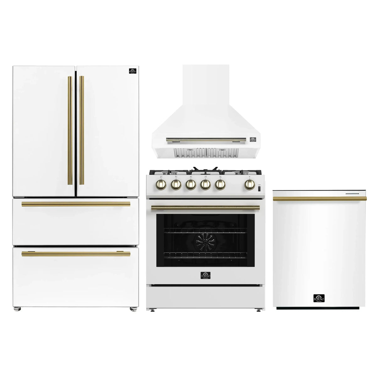 Forno 4-Piece Appliance Package - 30-Inch Espresso Gas Range , Wall Mount Range Hood, 36-Inch French Door Refrigerator, and Dishwasher in White with Antique Brass Trim