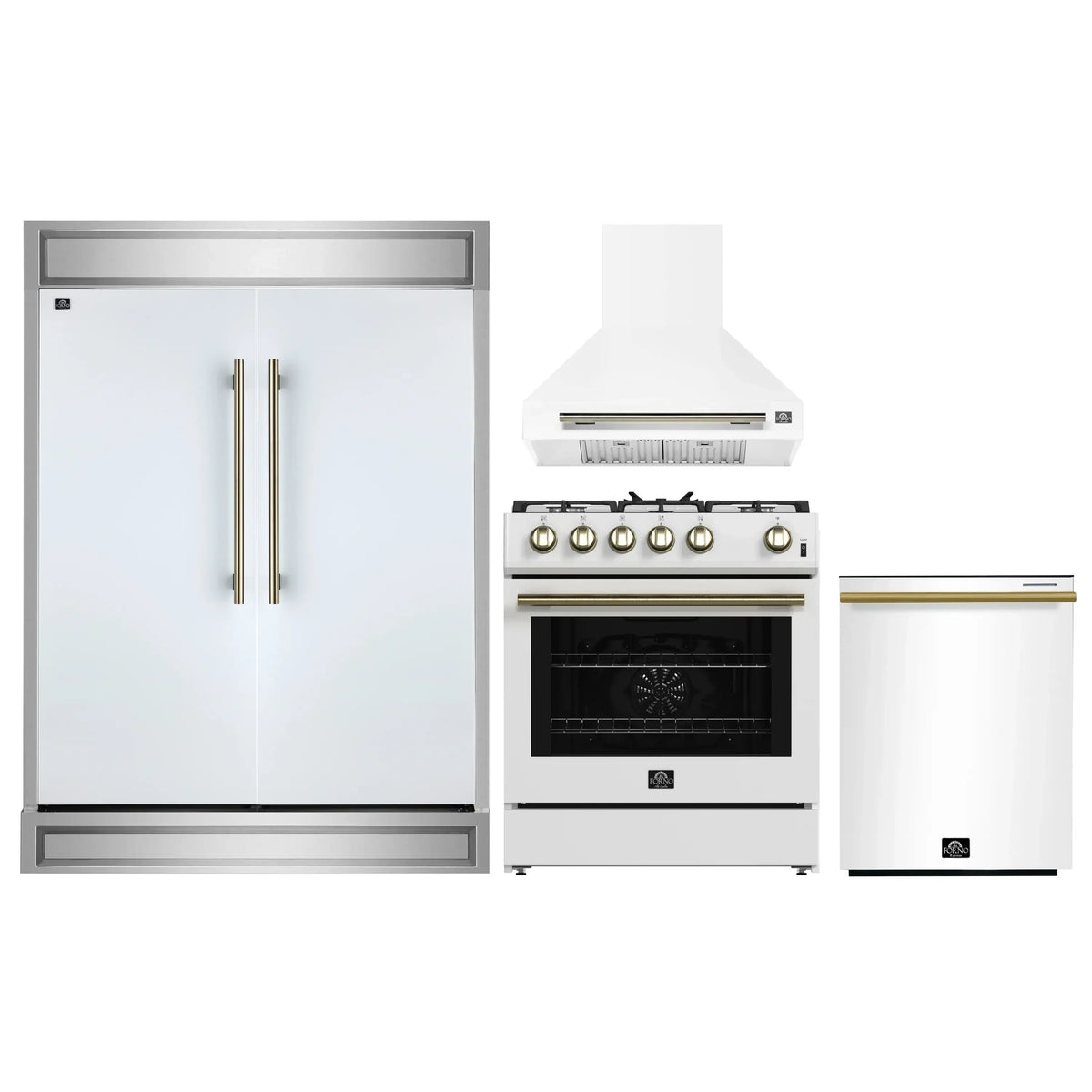 Forno 4-Piece Appliance Package - 30-Inch Espresso Gas Range , Wall Mount Range Hood, 60-Inch Built-In Convertible Refrigerator, and Dishwasher in White with Antique Brass Trim
