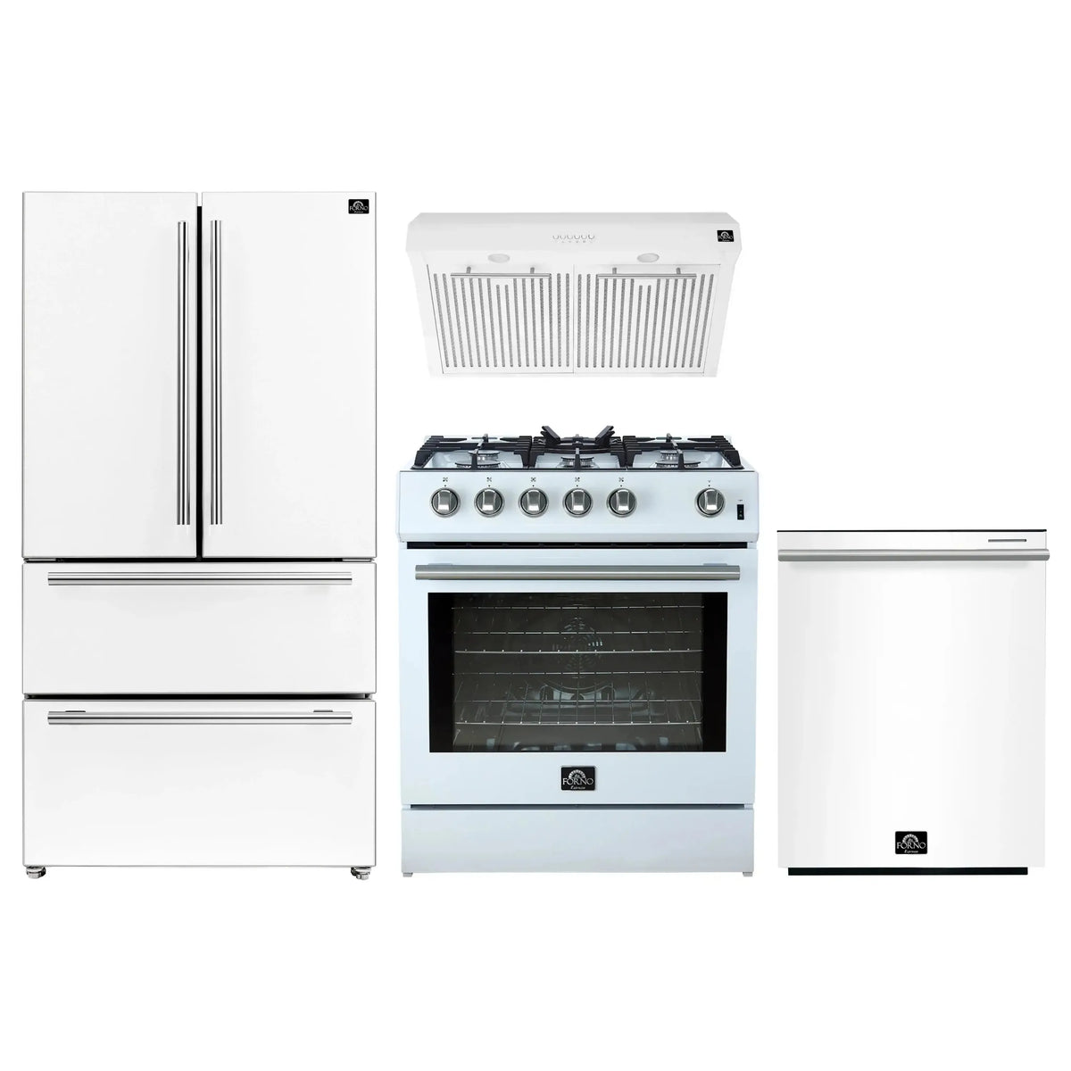 Forno 4-Piece Appliance Package - 30-Inch Gas Range, Under Cabinet Range Hood, Refrigerator, and Dishwasher in White with Stainless Steel Trim