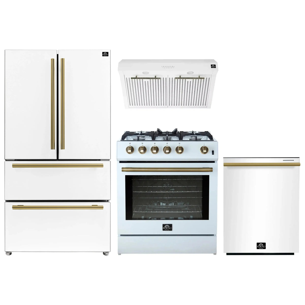 Forno 4-Piece Appliance Package - 30-Inch Gas Range, Under Cabinet Range Hood, Refrigerator, and Dishwasher in White with Antique Brass Trim