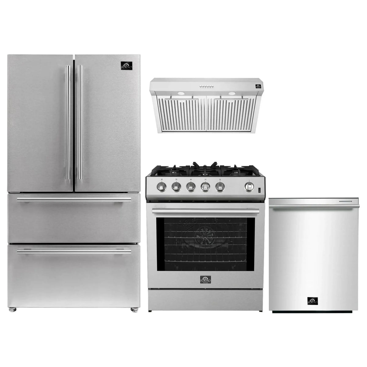 Forno 4-Piece Appliance Package - 30-Inch Gas Range, Under Cabinet Range Hood, Refrigerator, and Dishwasher in Stainless Steel