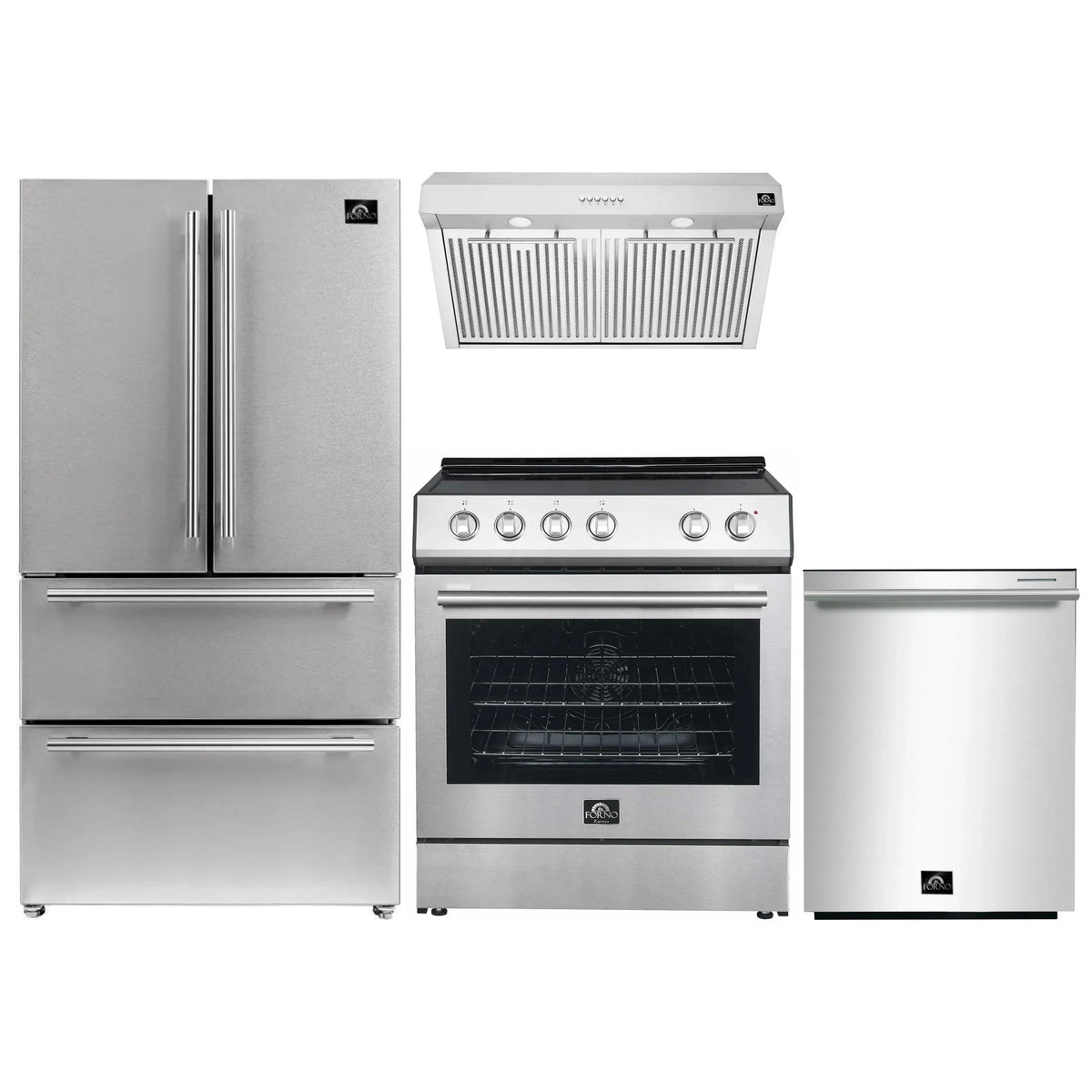 Forno Espresso 4-Piece Appliance Package - 30-Inch Electric Range, Under Cabinet Range Hood, Refrigerator and Dishwasher in Stainless Steel