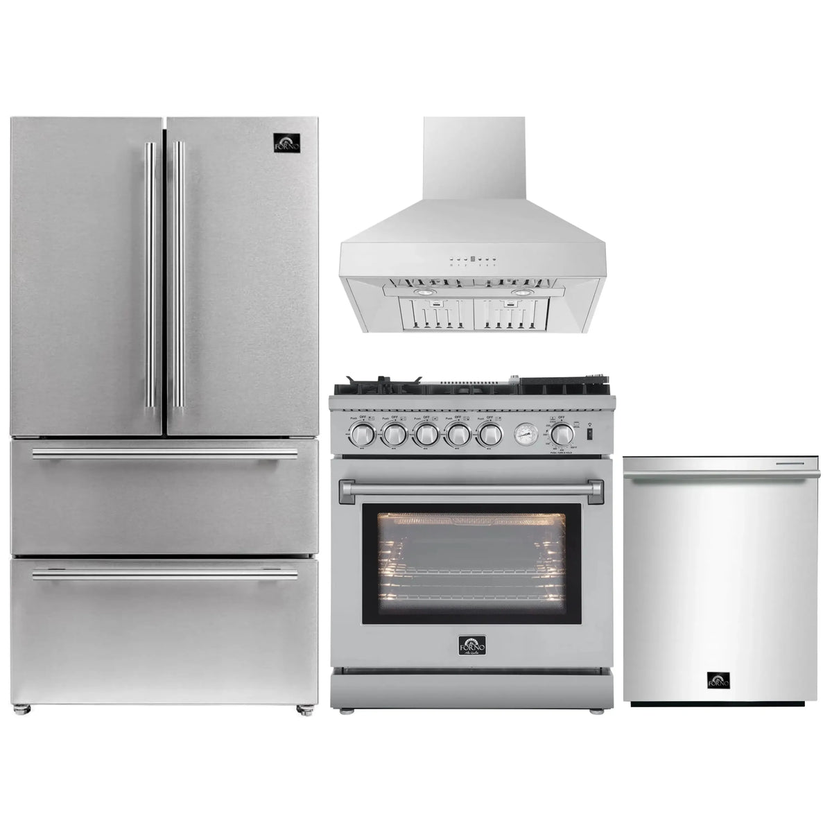 Forno 4-Piece Appliance Package - 30-Inch Gas Range with Air Fryer, Refrigerator, Wall Mount Hood, & 3-Rack Dishwasher in Stainless Steel