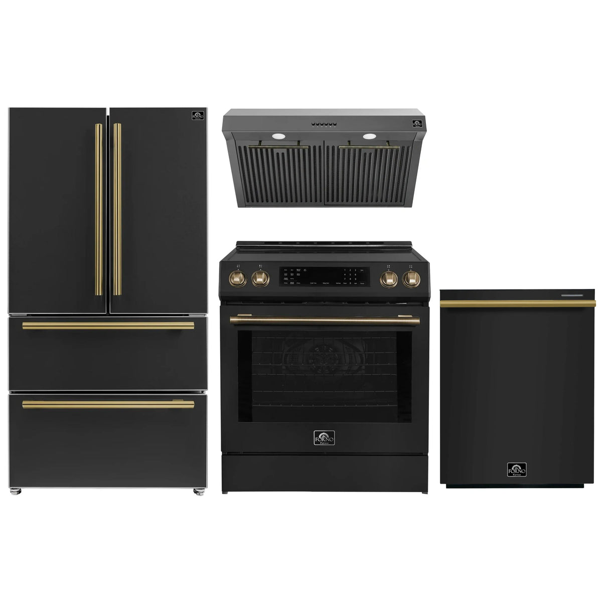 Forno Espresso 4-Piece Appliance Package - 30-Inch Induction Range, Under Cabinet Range Hood, Refrigerator and Dishwasher in Black with Antique Brass Trim
