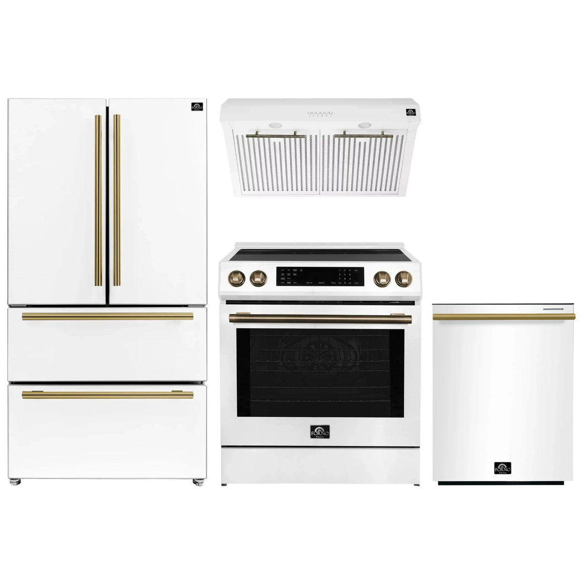 Forno Espresso 4-Piece Appliance Package - 30-Inch Induction Range, Under Cabinet Range Hood, Refrigerator and Dishwasher in White with Antique Brass Trim